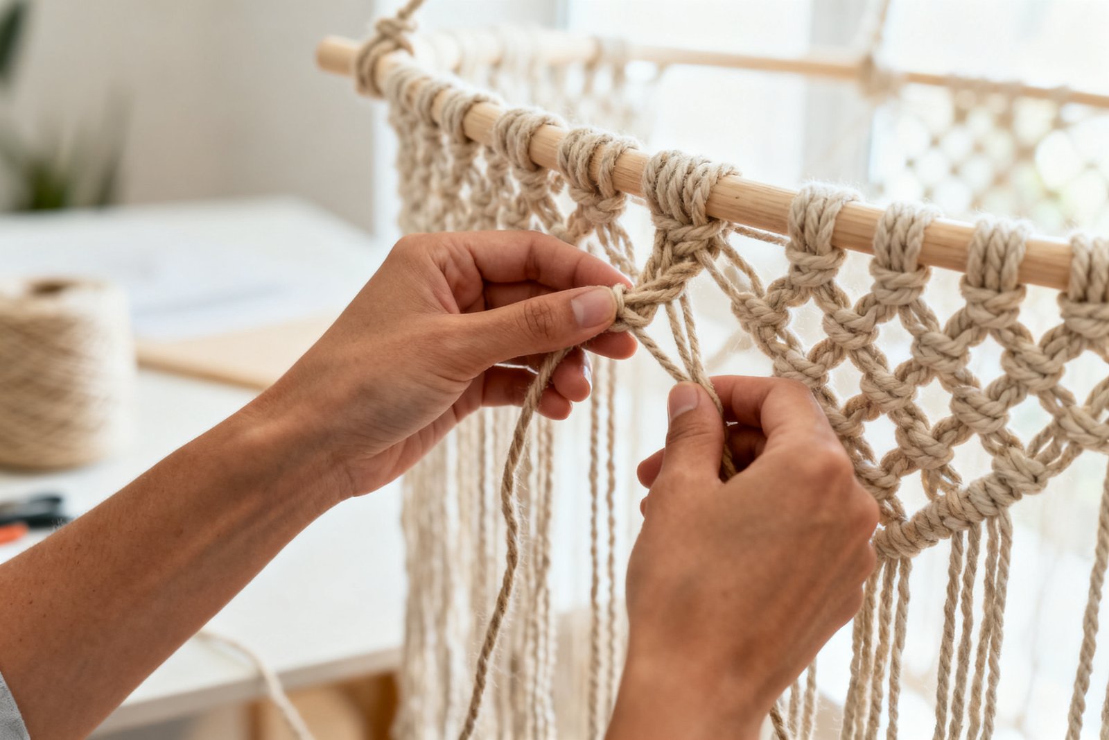 Hands knotting macramé cord mid-project
