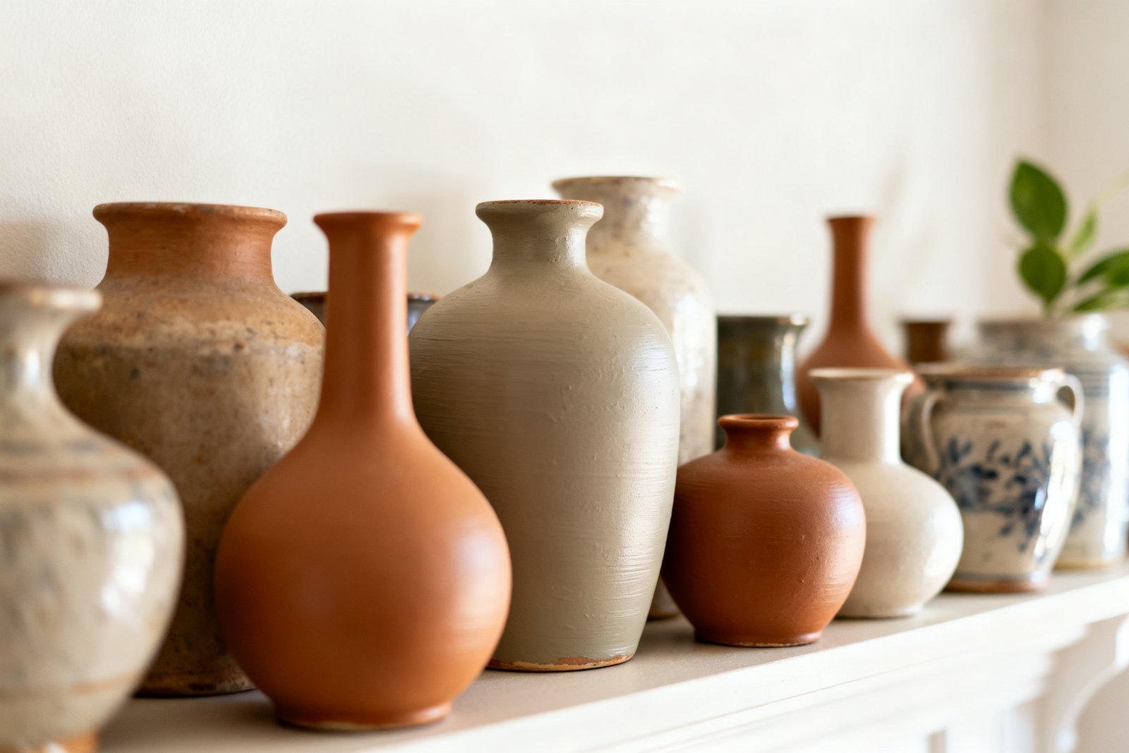 A cluster of thrifted vases painted in matte earthy tones styled on a shelf, budget-chic and cohesive