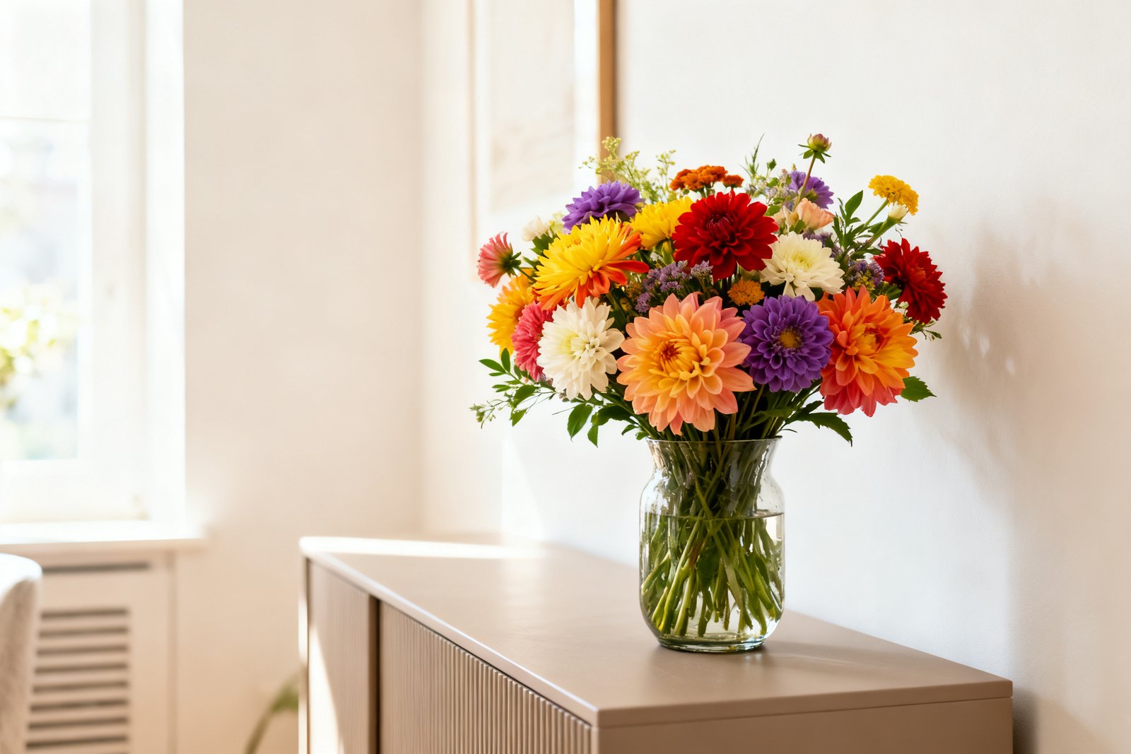 A vase of fresh flowers adding a pop of color to a neutral console