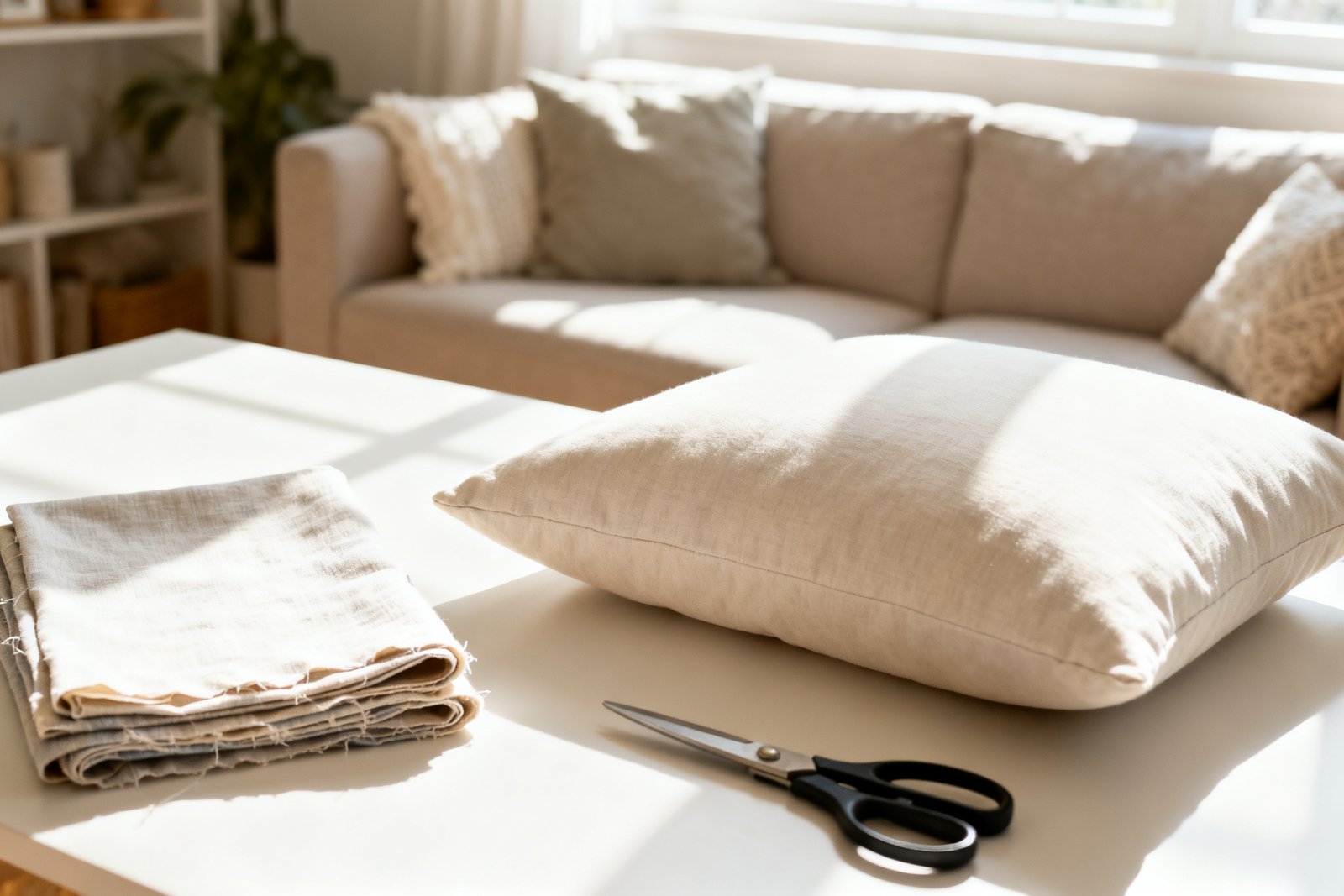 Folded fabric, scissors, and a plain pillow on a table mid no-sew project, bright craft space, cozy styled cou