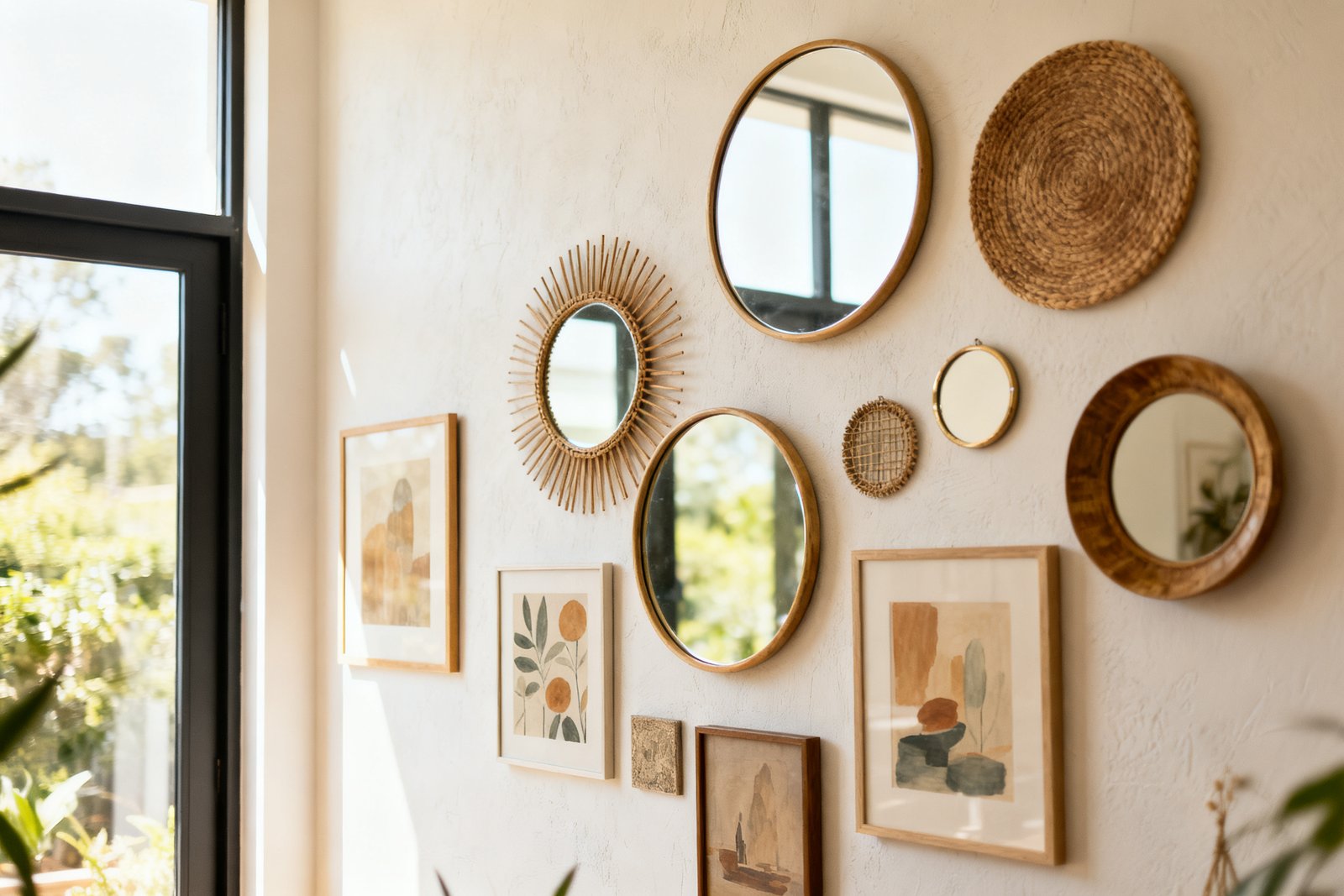 A mix of round mirrors and art filling a tall blank wall