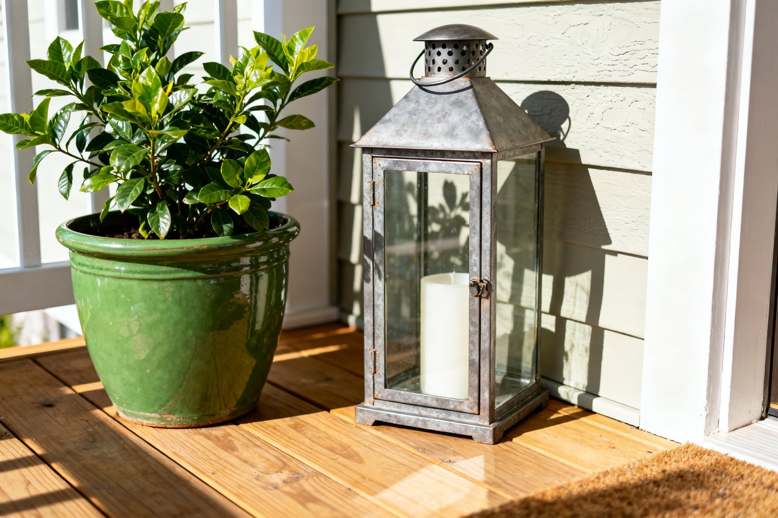 A styled porch corner with a plant and a lantern