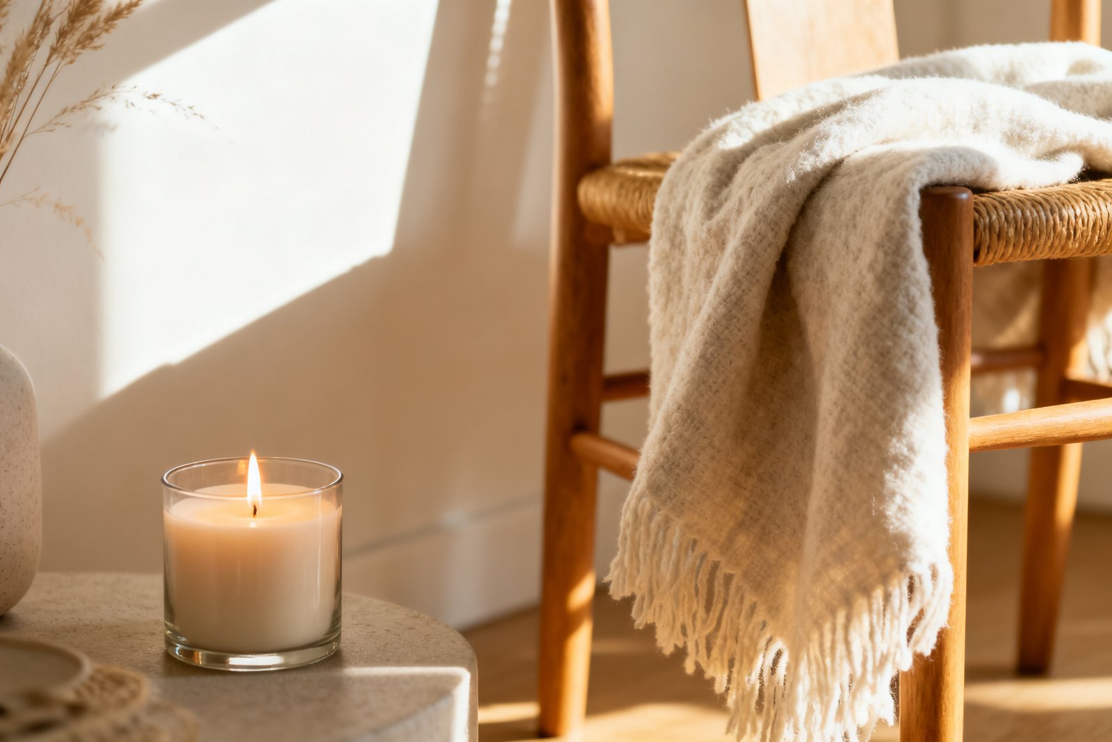 A cozy corner with a lit candle and a soft blanket