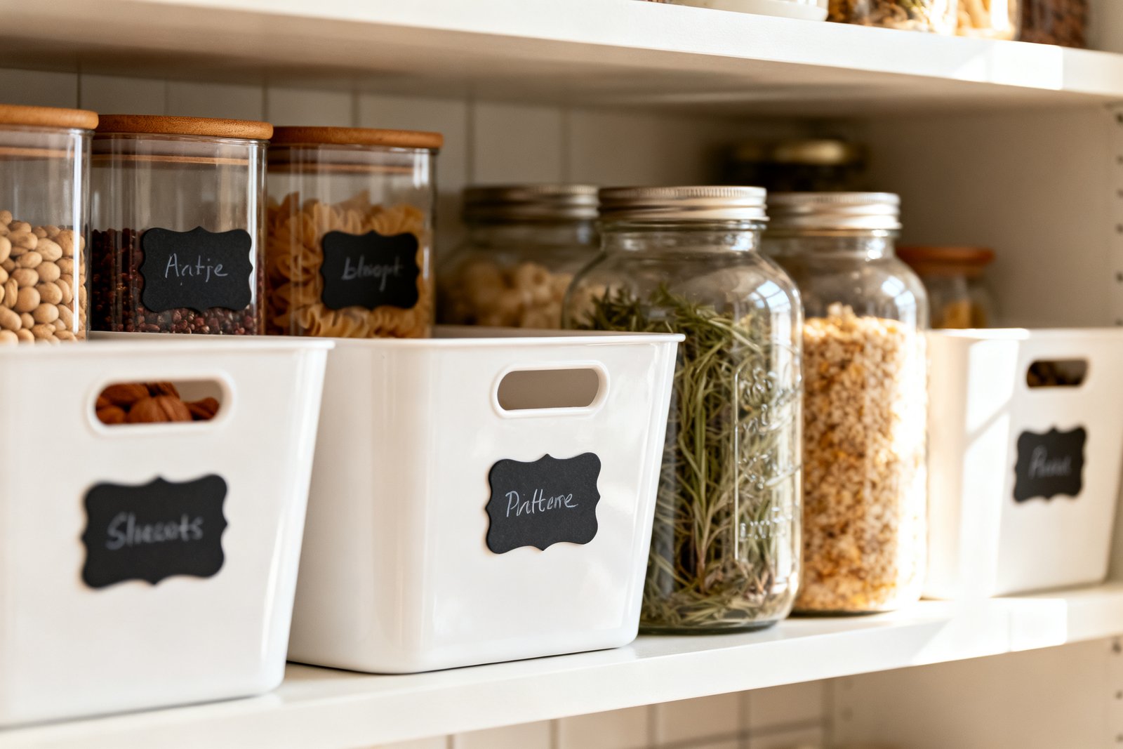 Labeled bins and jars organizing a pantry-free kitchen