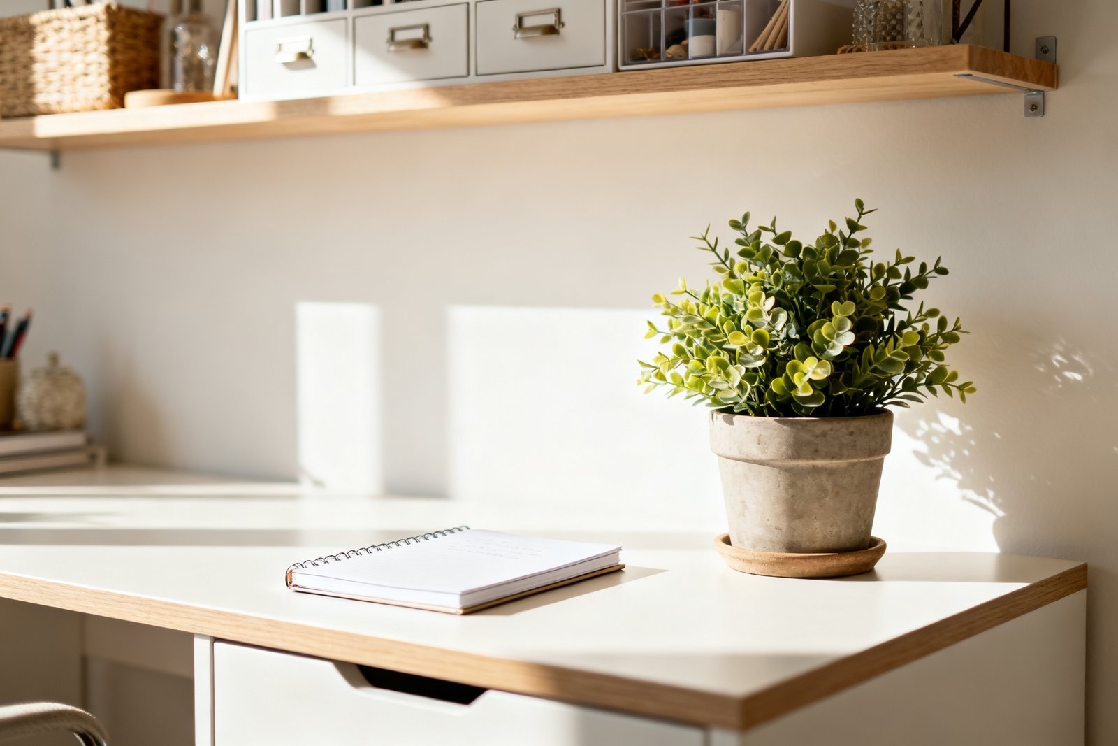 A styled desk with a plant, notebook, and organized shelf above