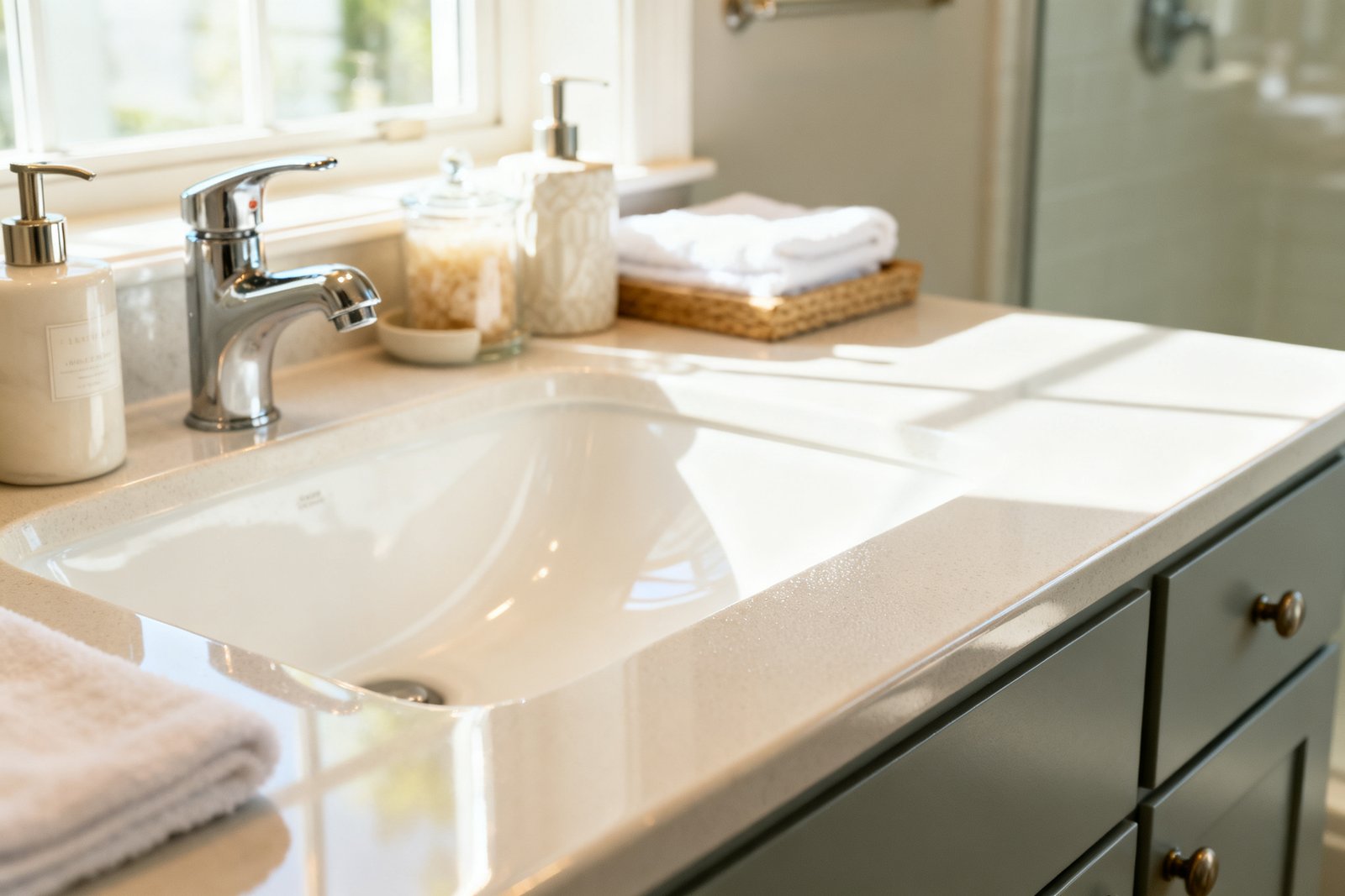 A wiped-down bathroom sink and neatly organized counter