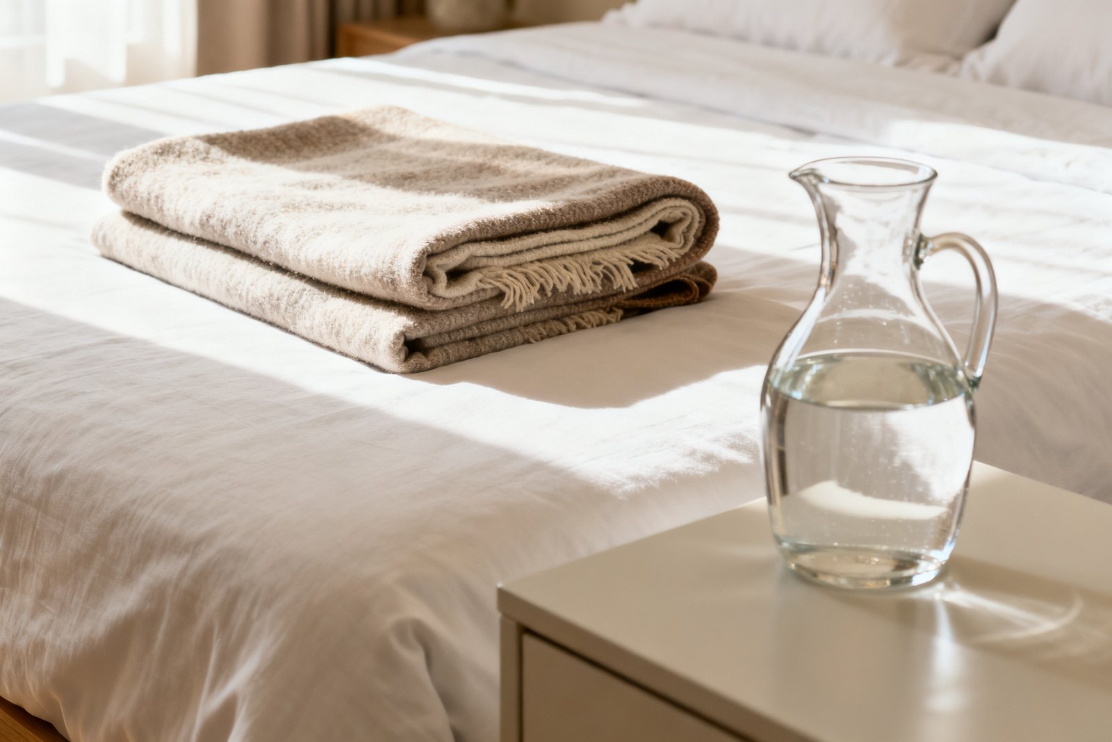 A neatly made bed with folded throw and a water carafe on the nightstand