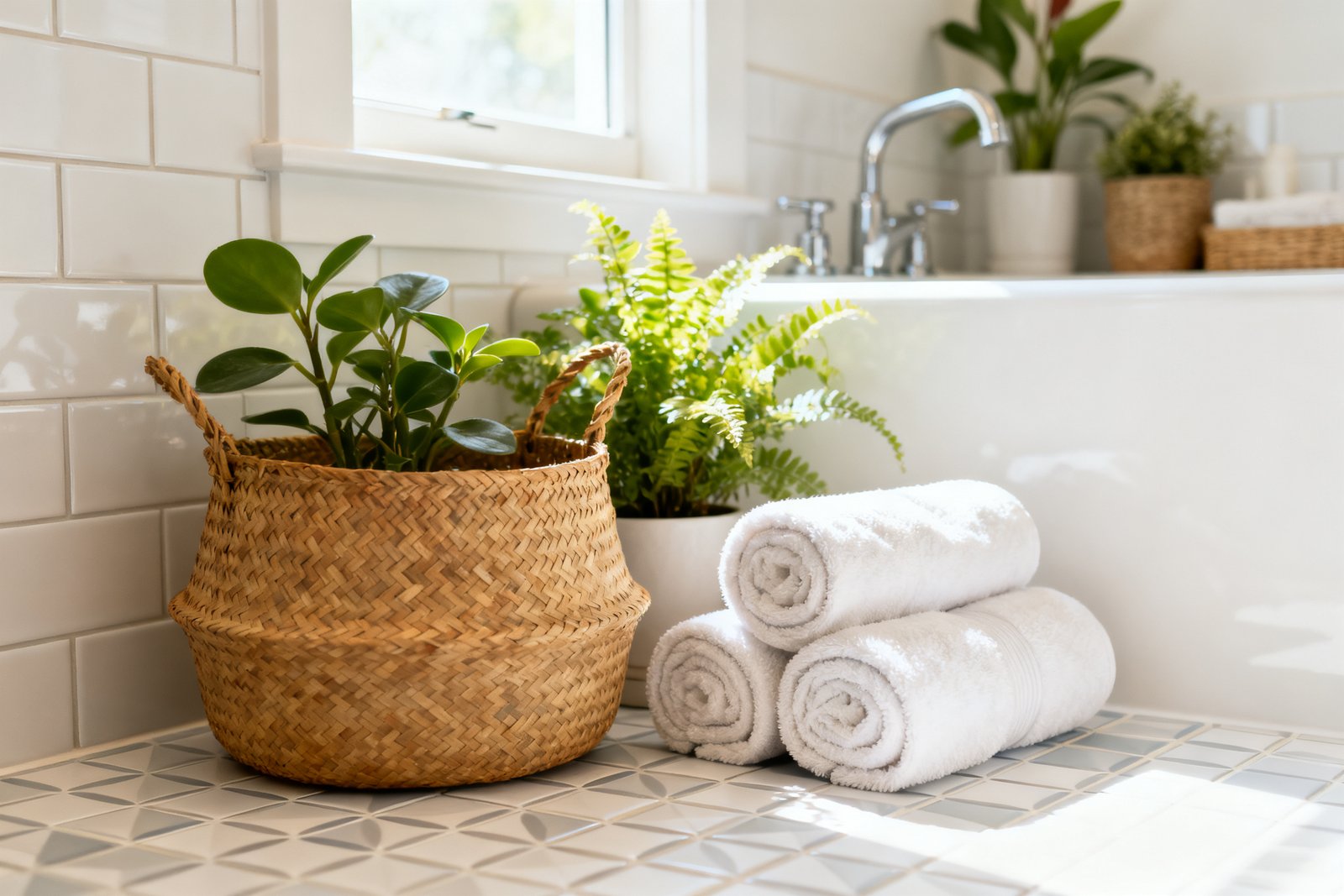 A cute renter-friendly bathroom with peel-and-stick tile, a woven basket, plants, and rolled towels, bright an