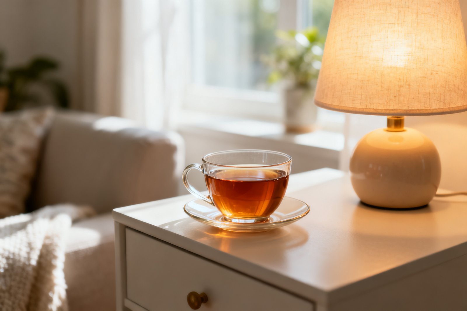Warm lamp light and a cup of tea on a calm side table