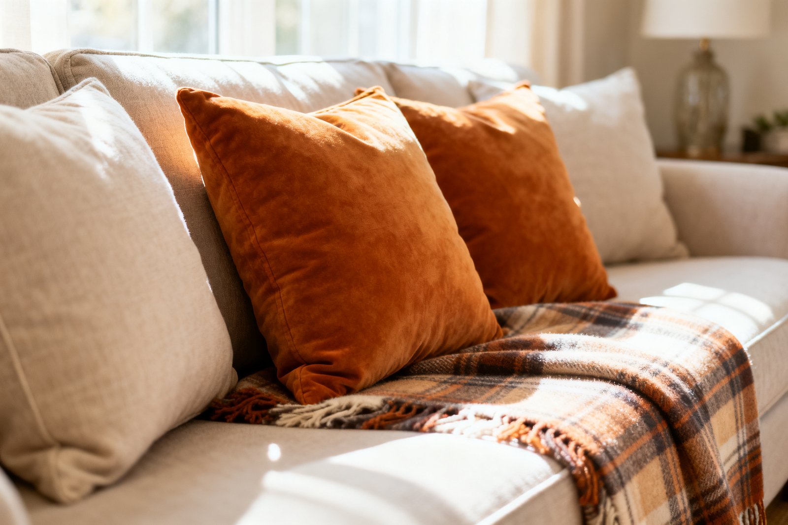 Warm-toned pillows and a plaid throw layered on a sofa