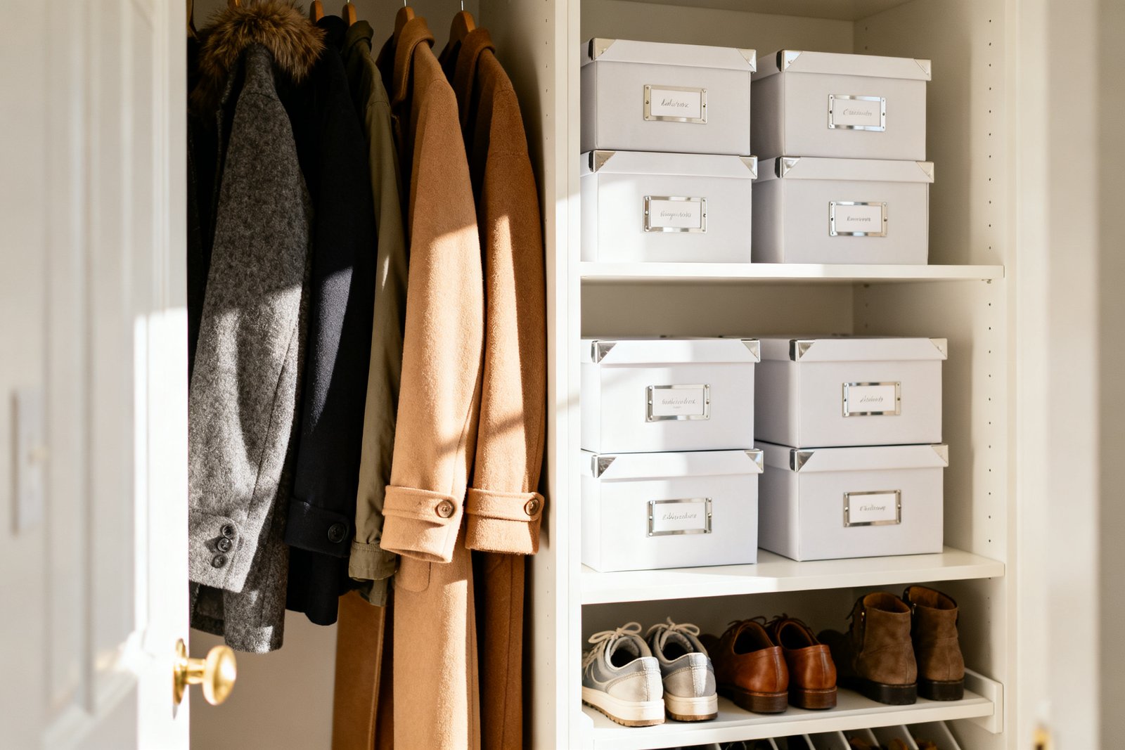 A neatly organized entryway coat closet with coats, labeled bins, and shoe storage, bright