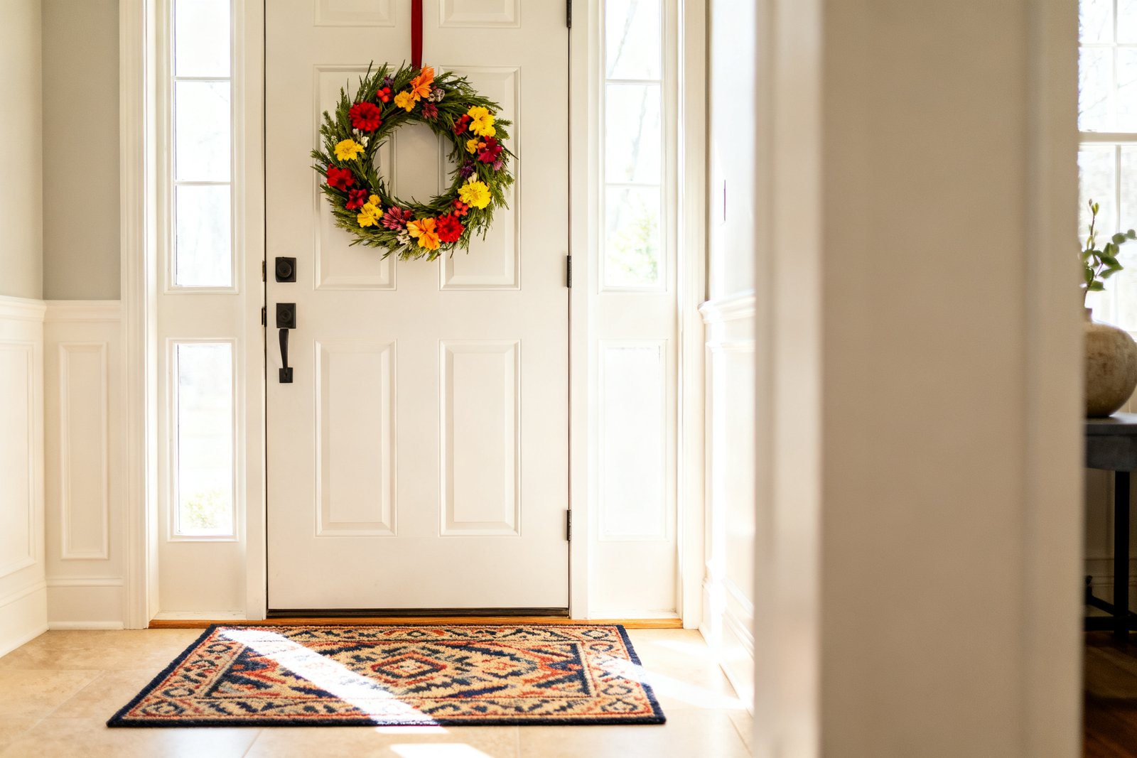 A welcoming front door with a wreath and doormat