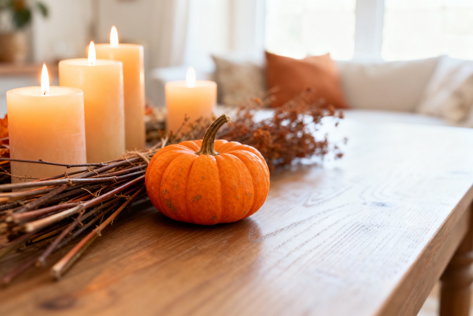 A fall vignette with candles, a small pumpkin, and dried stems
