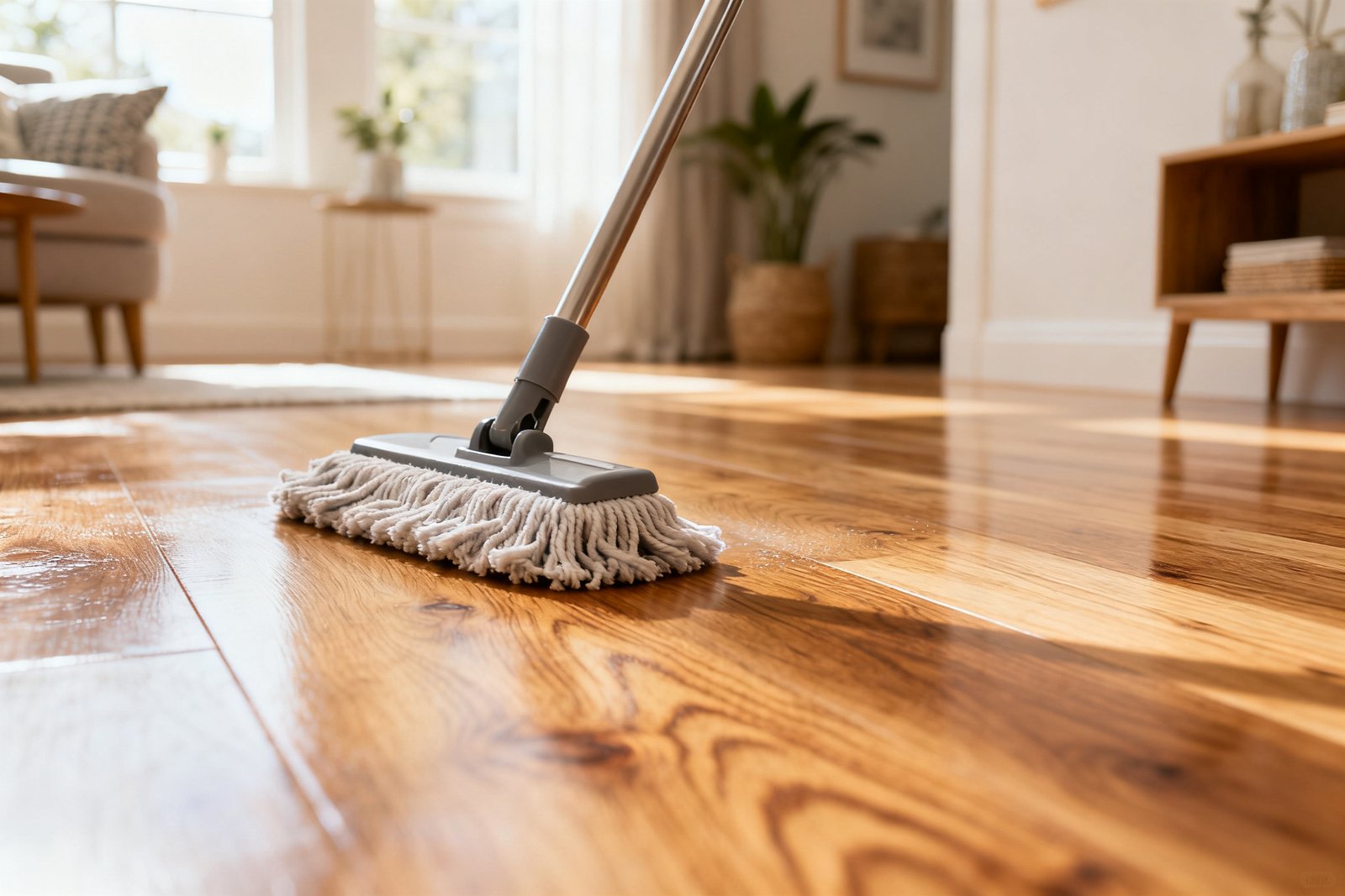 A mop gliding across a clean wood floor