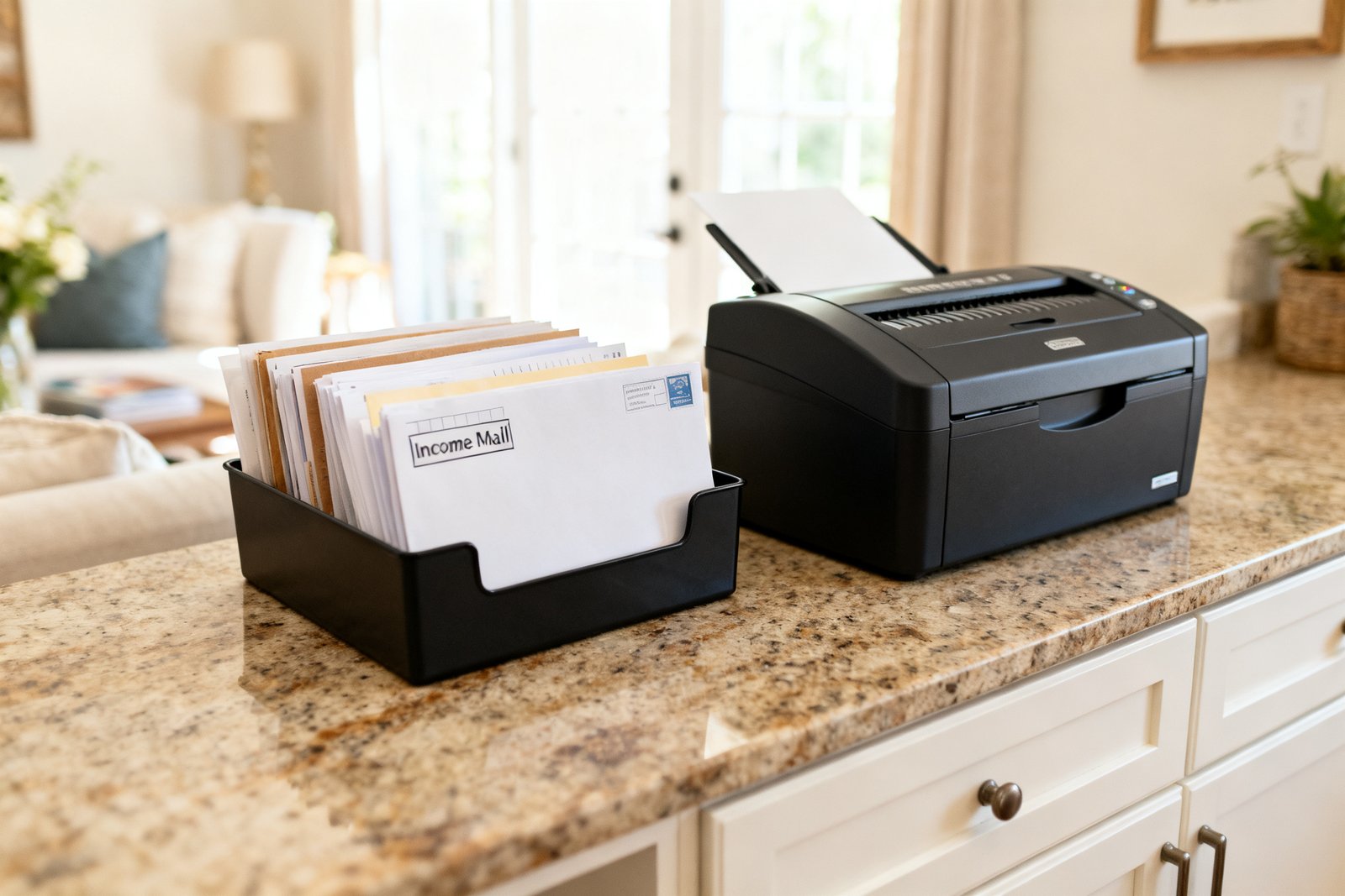 An incoming-mail tray and a shredder on a tidy counter