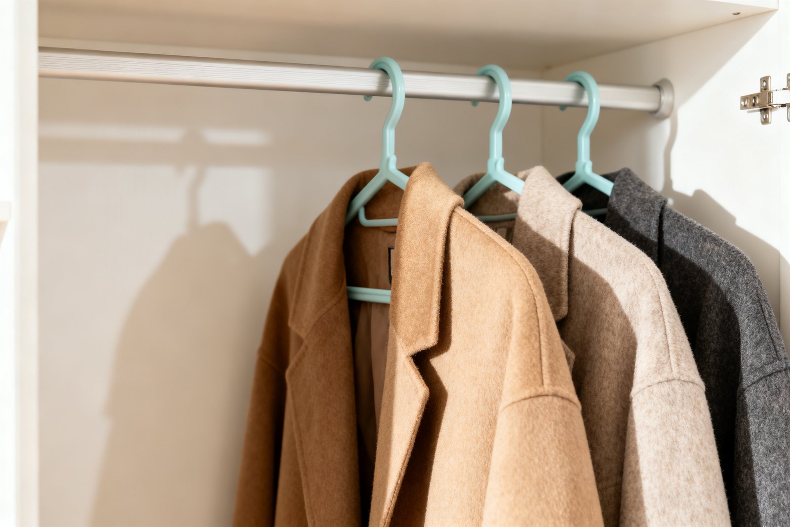 Coats hung neatly with matching hangers in a closet
