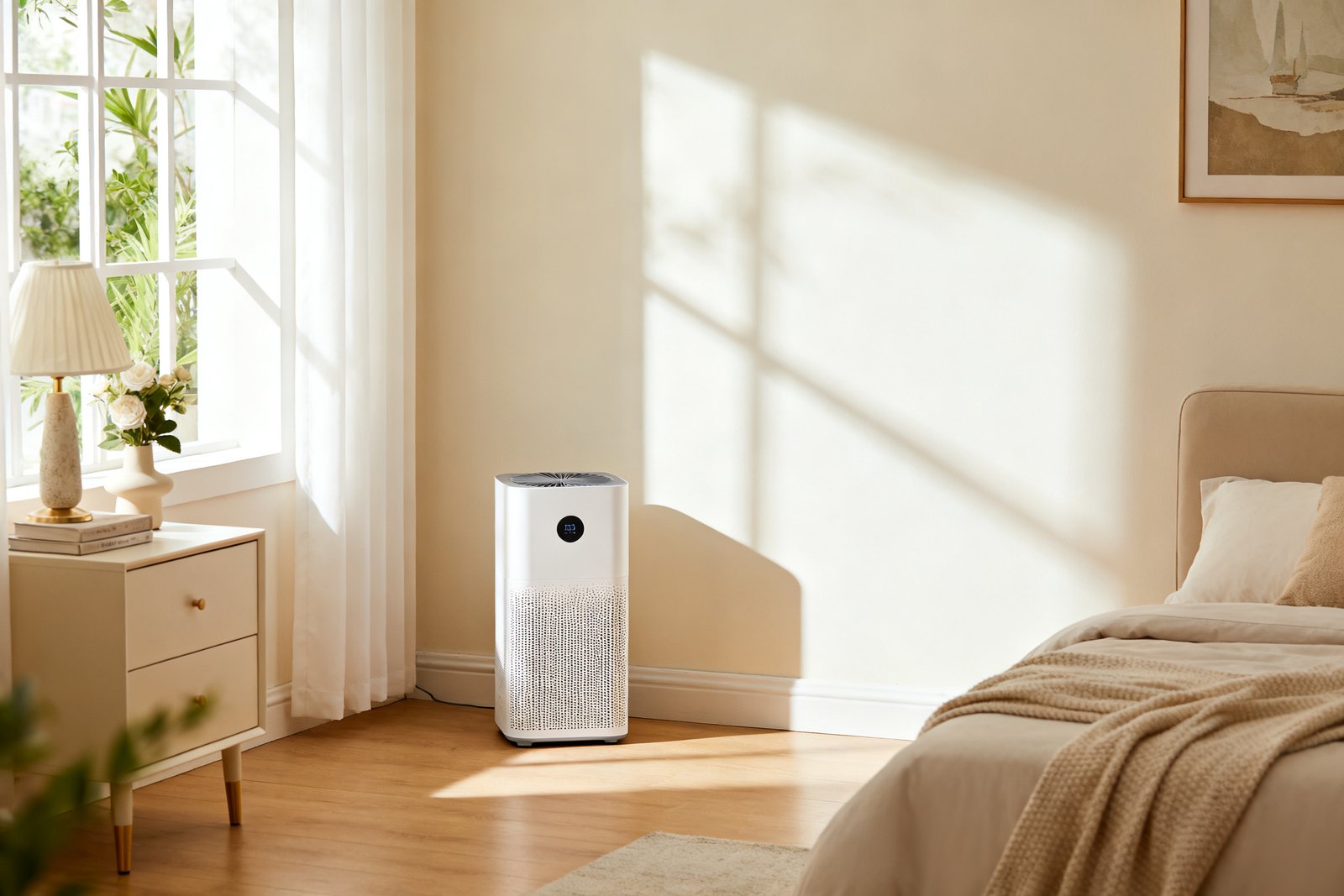 A tidy room with a small air purifier in the corner