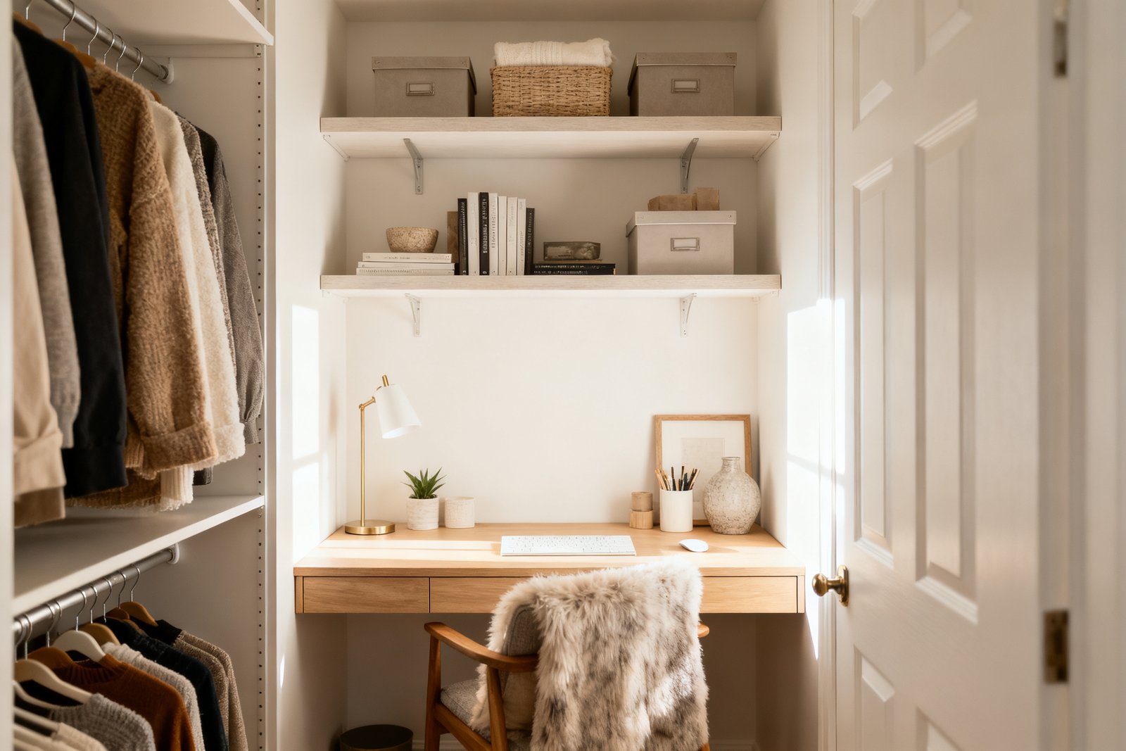 A compact closet desk setup with shelves above