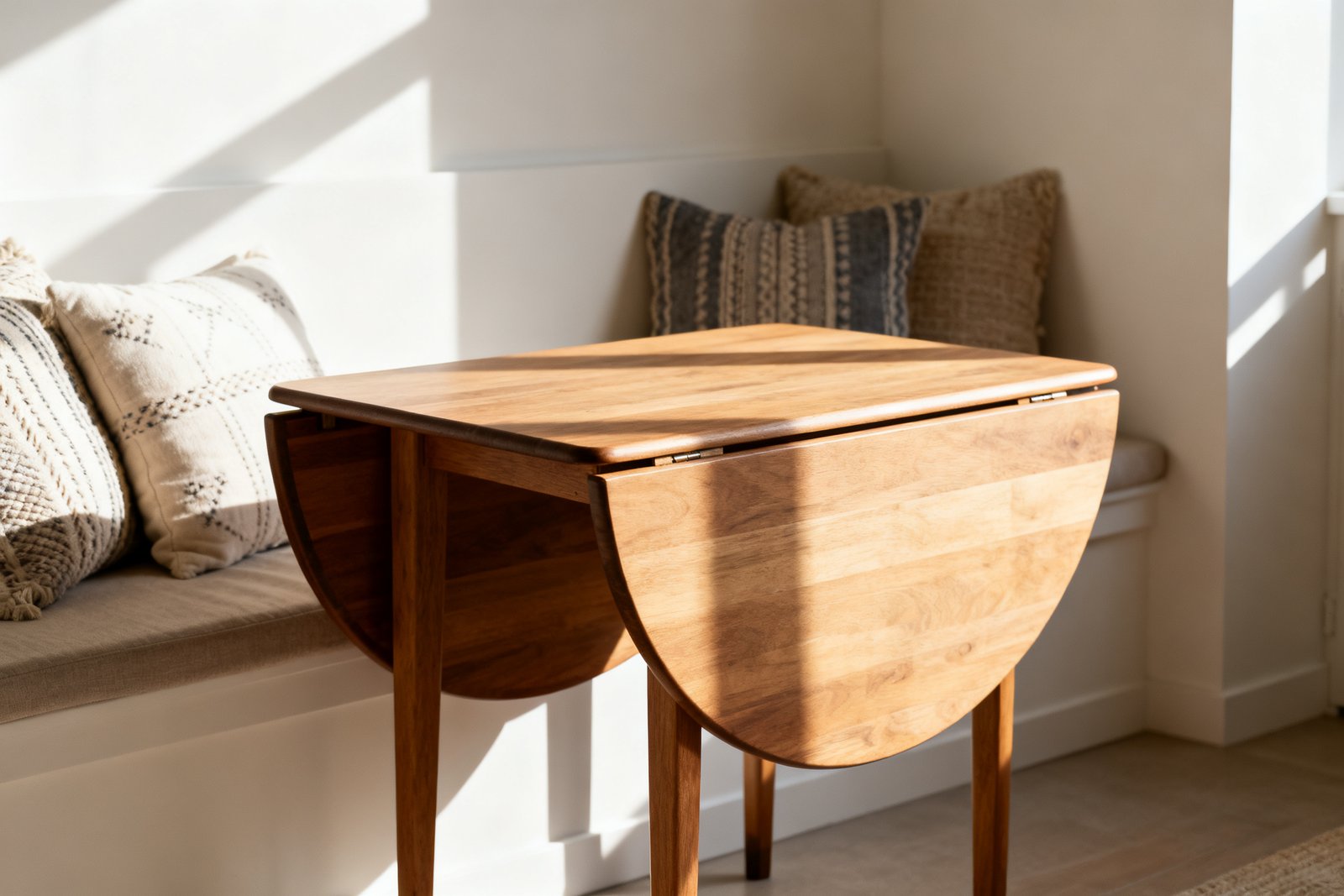A drop-leaf table against a wall with styled seating