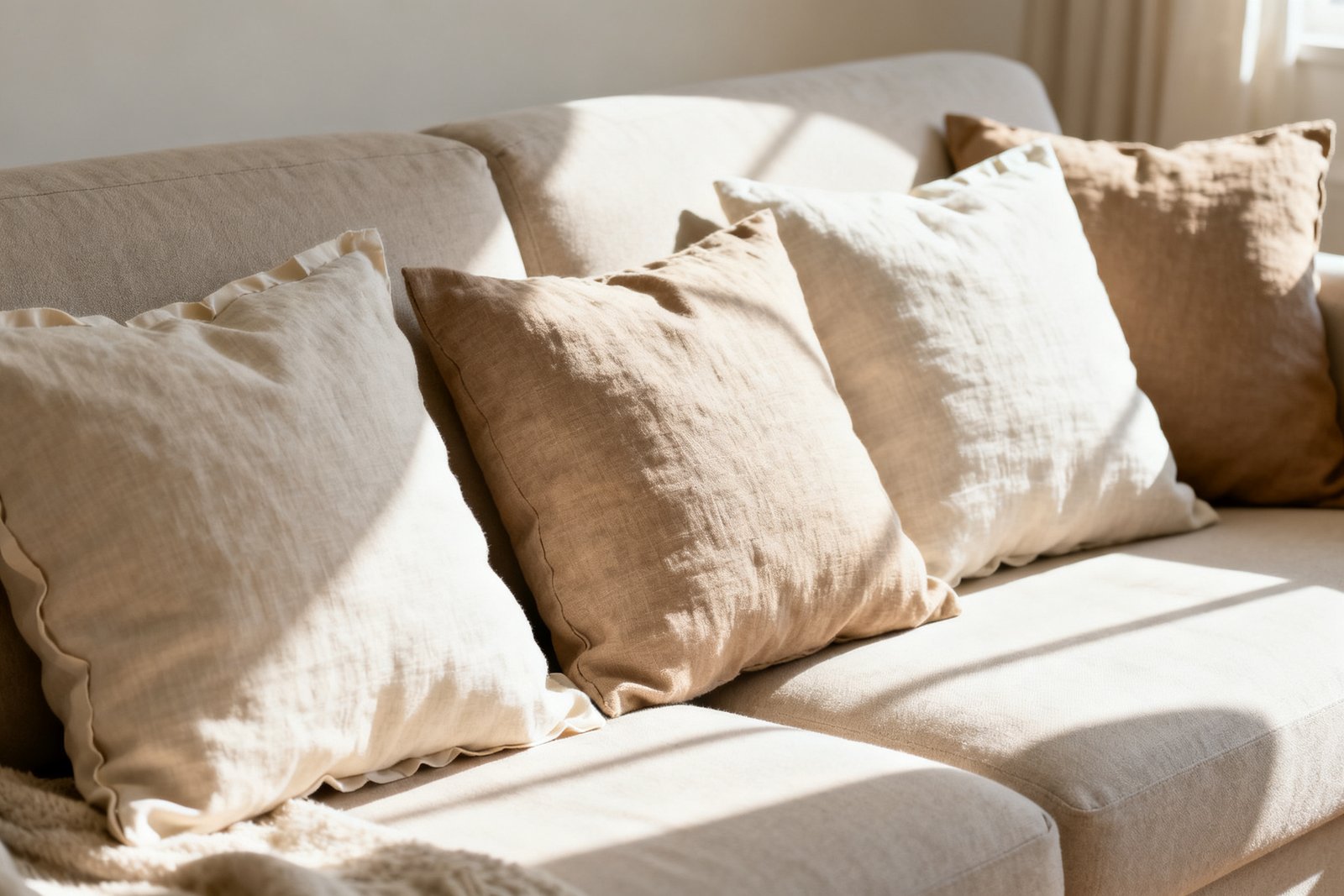 A styled sofa with several no-sew fabric pillow covers in neutral tones