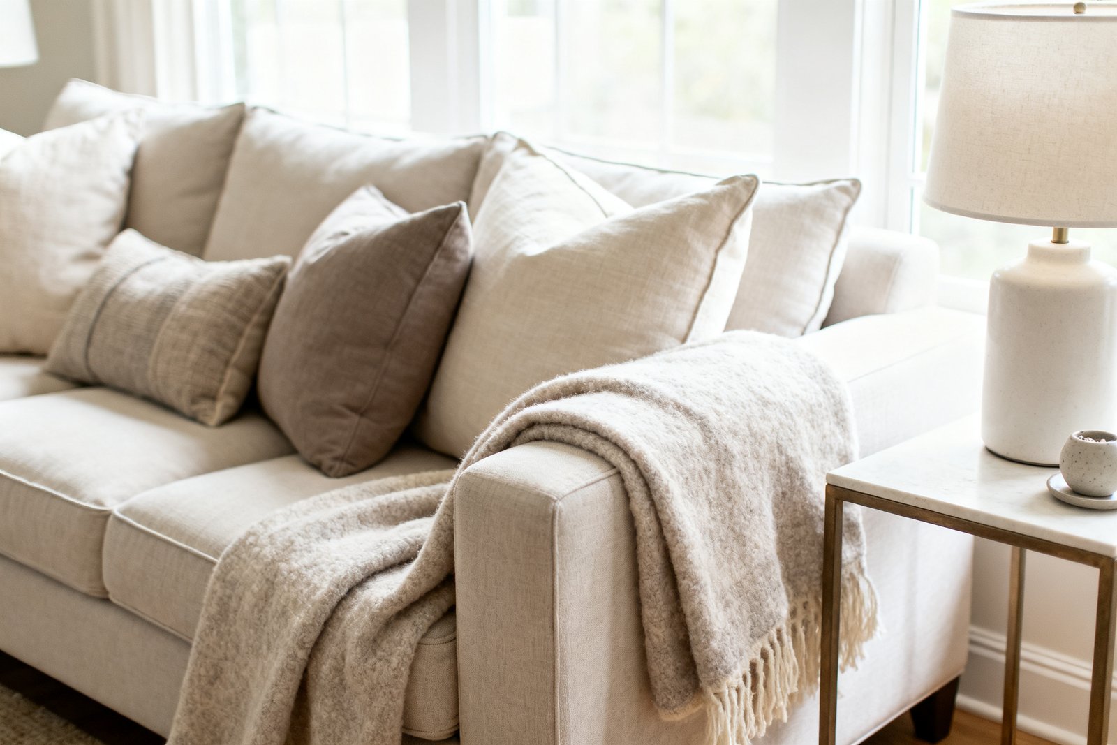 A styled sofa with pillows, blanket, and a side-table vignette