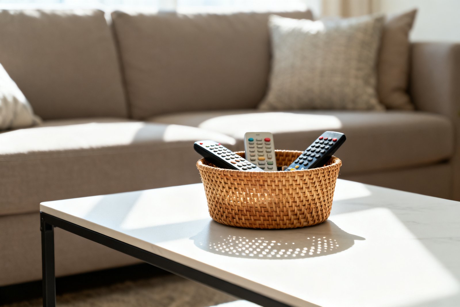 A small basket used to corral remotes and clutter on a coffee table