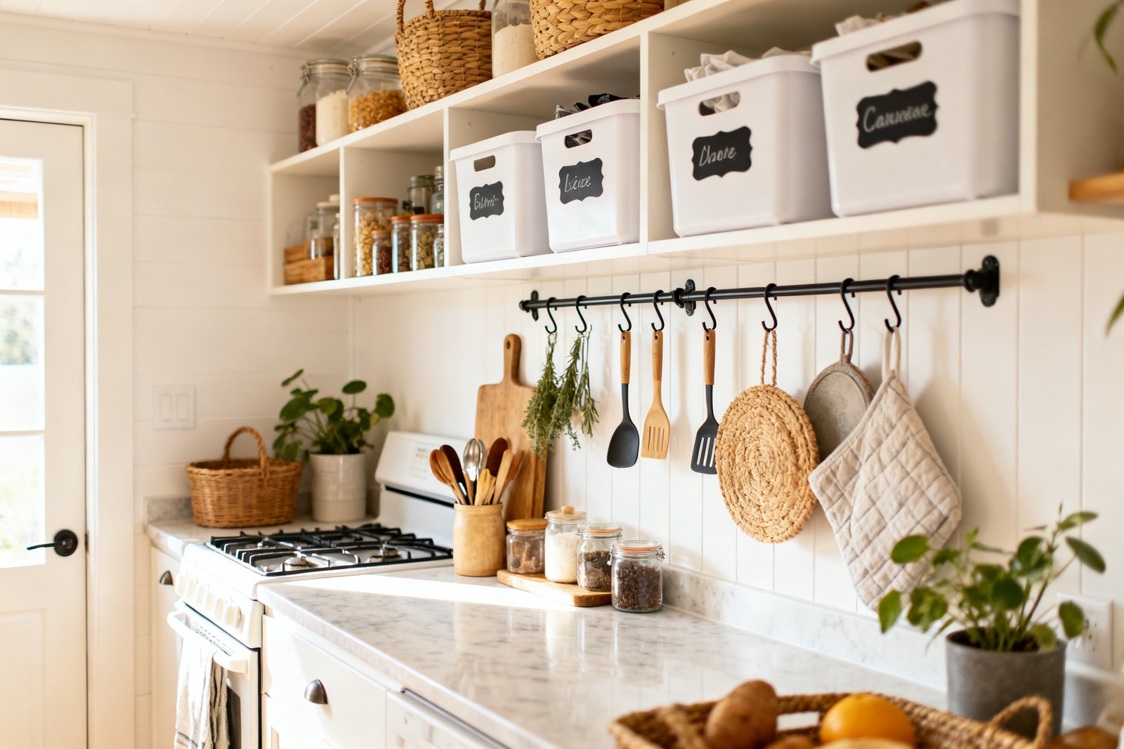 A small kitchen with clever storage and no pantry, using open shelves, hooks, and labeled bins, bright