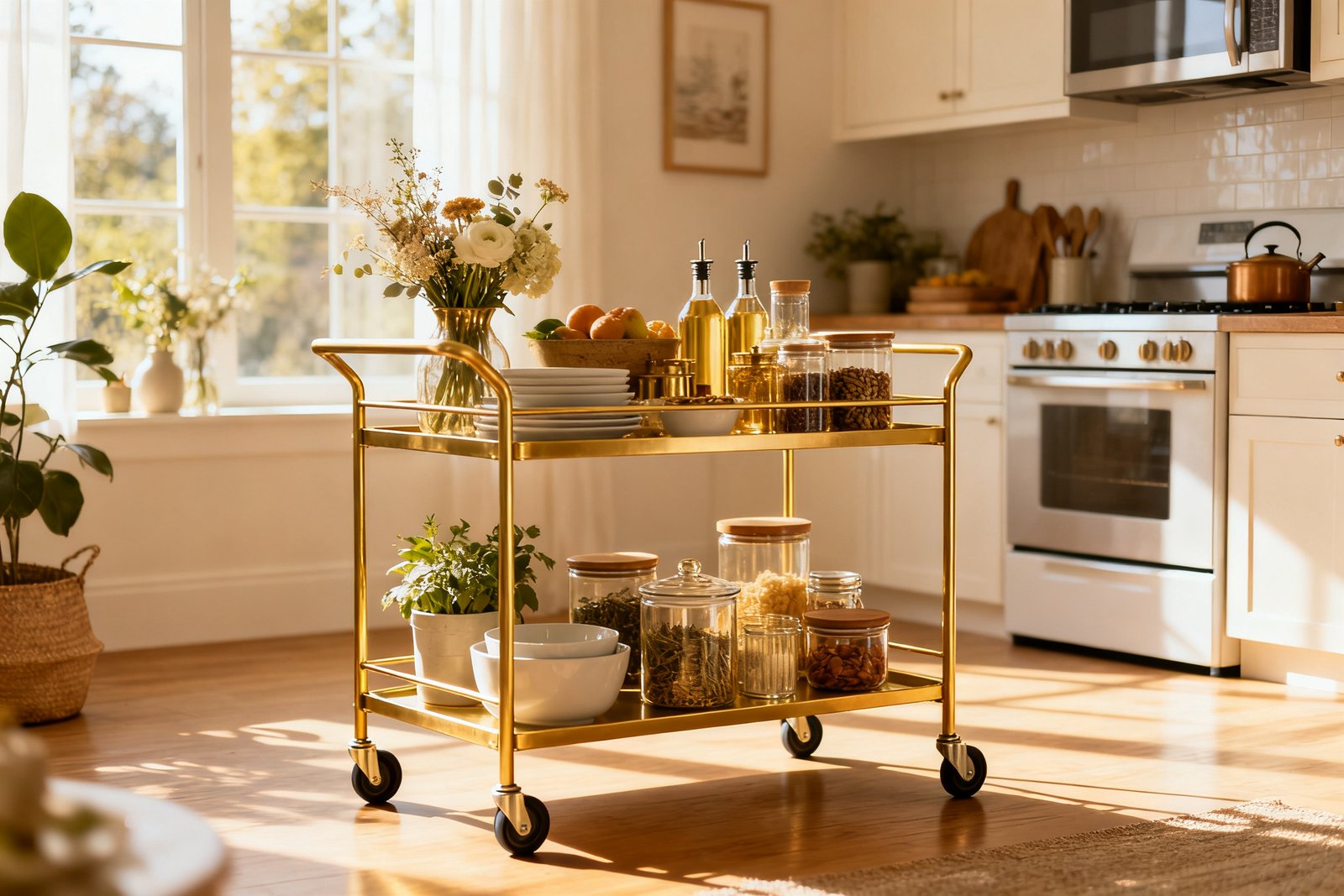 A rolling cart used as extra kitchen storage