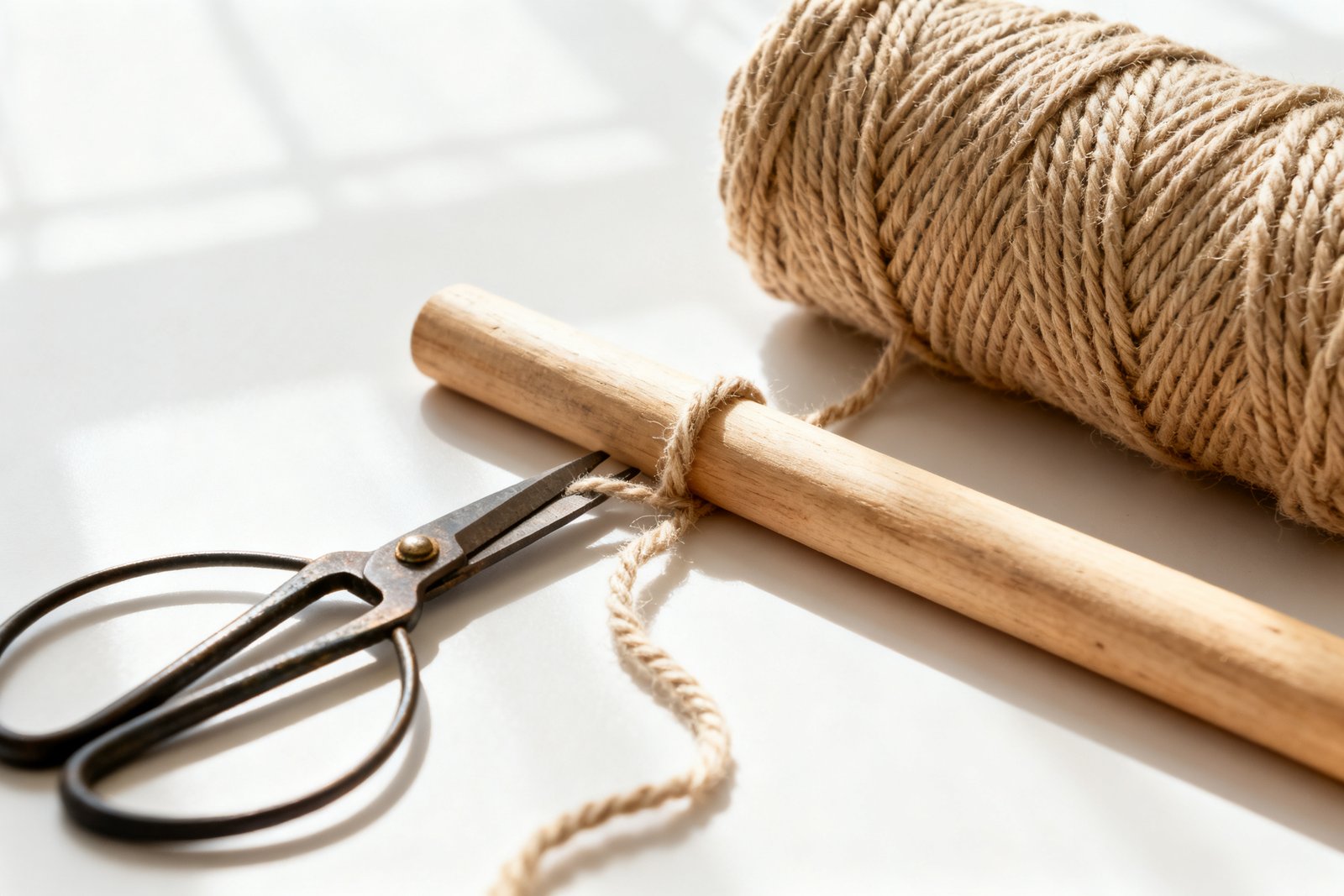 A flat lay of macramé cord, a wooden dowel, and scissors