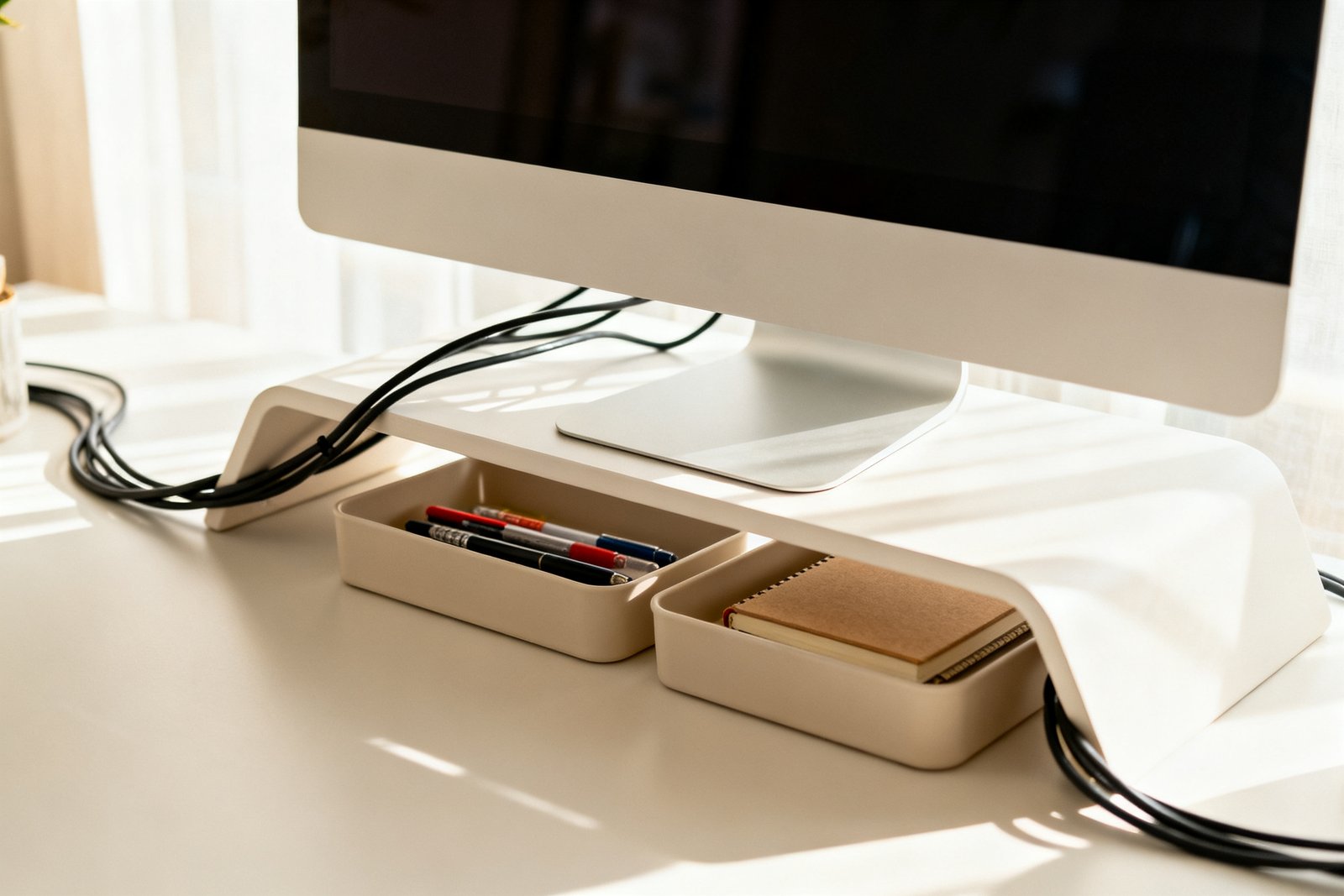 A cable-managed desk with a monitor riser and tidy trays