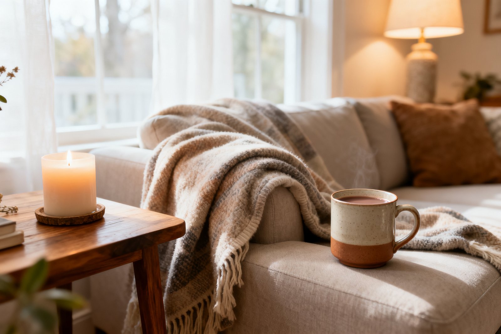 A serene living room set up to unwind, with soft lamp light, a cozy throw, a candle, and a warm drink, calm an