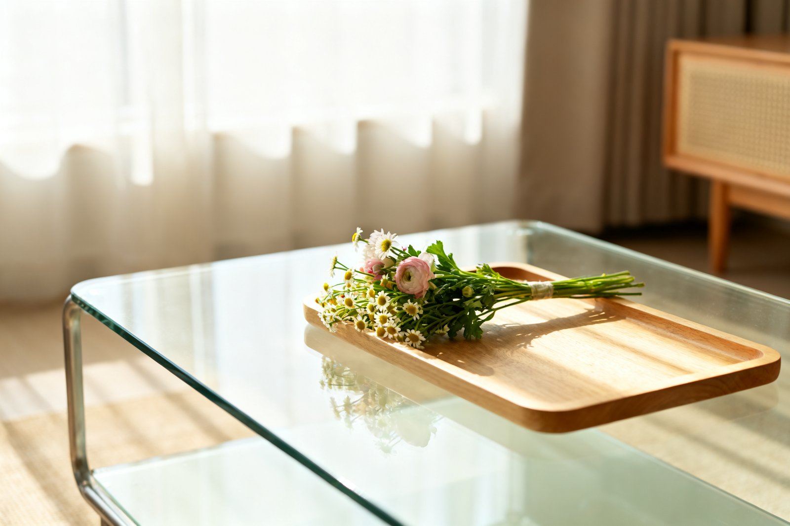 A clear coffee table with a simple tray and flowers