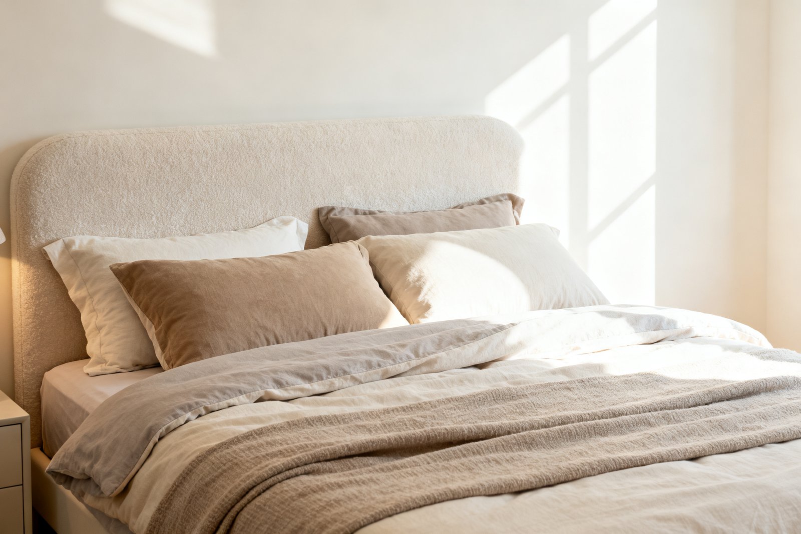 A designer-styled bed with layered bedding and a soft headboard