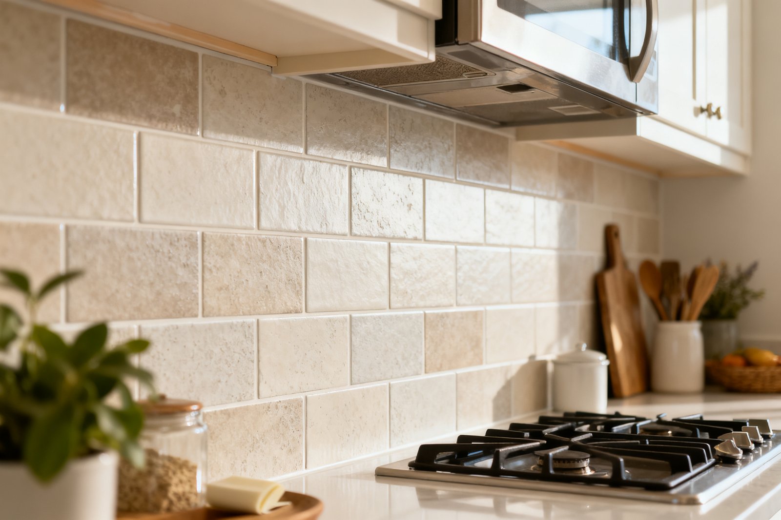 Peel-and-stick backsplash transforming a kitchen wall
