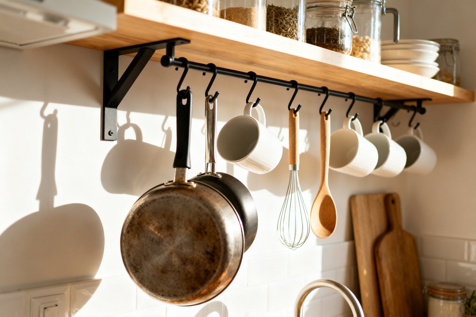Open shelves and hanging hooks storing kitchen items