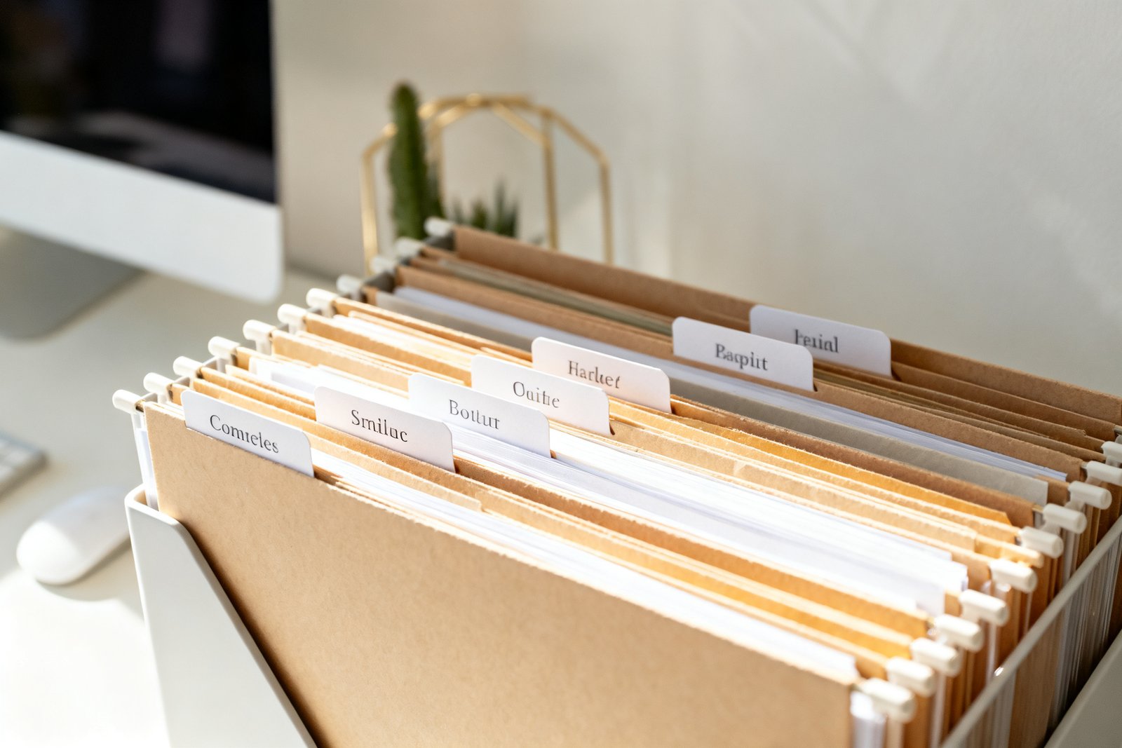 Labeled file folders sorted neatly in a desktop organizer