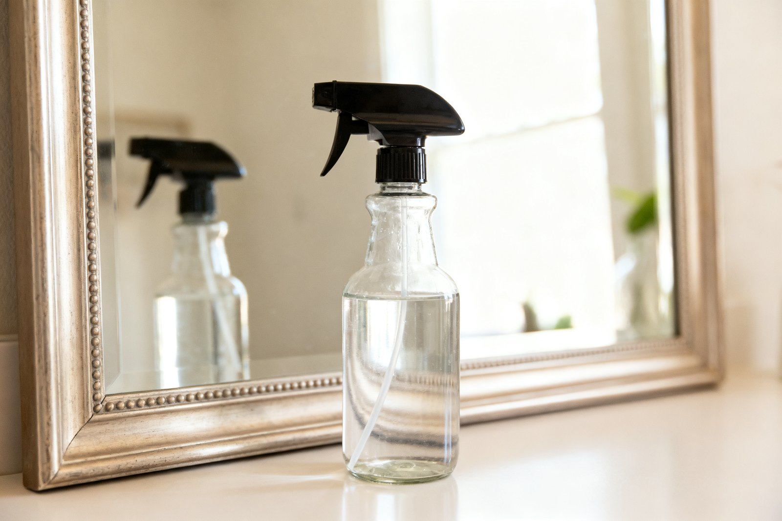 A homemade glass cleaner spray bottle beside a clean mirror