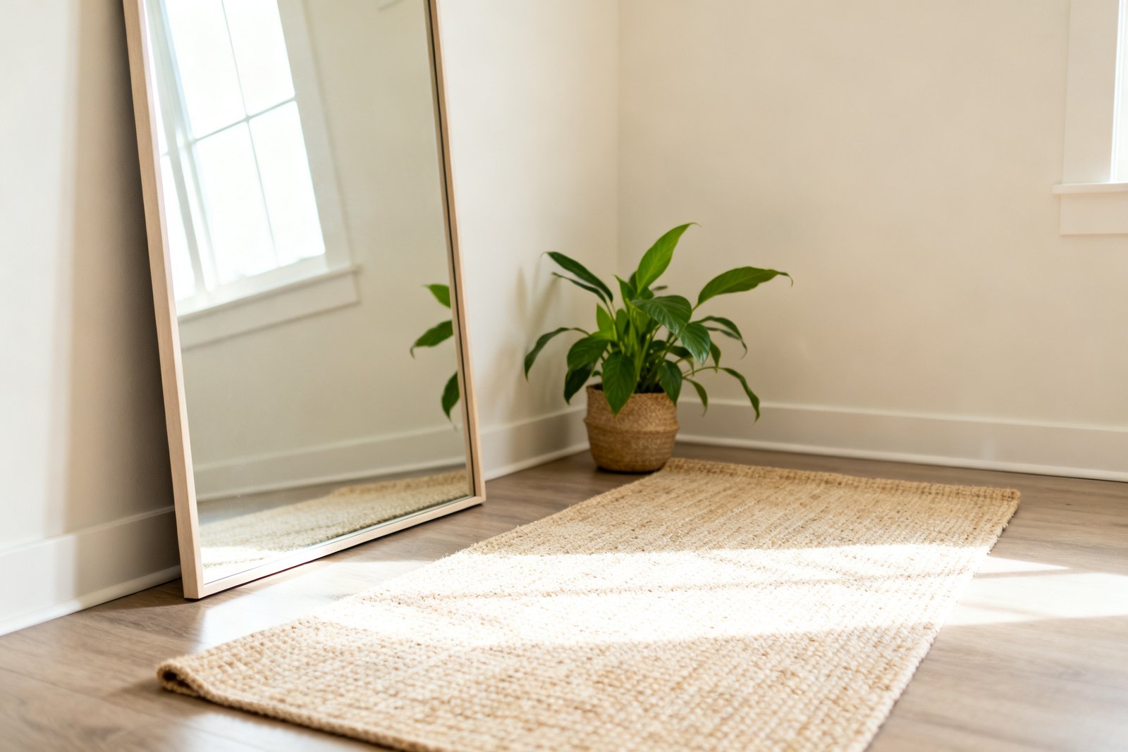 A corner with a mirror, mat, and a plant creating a calm workout nook