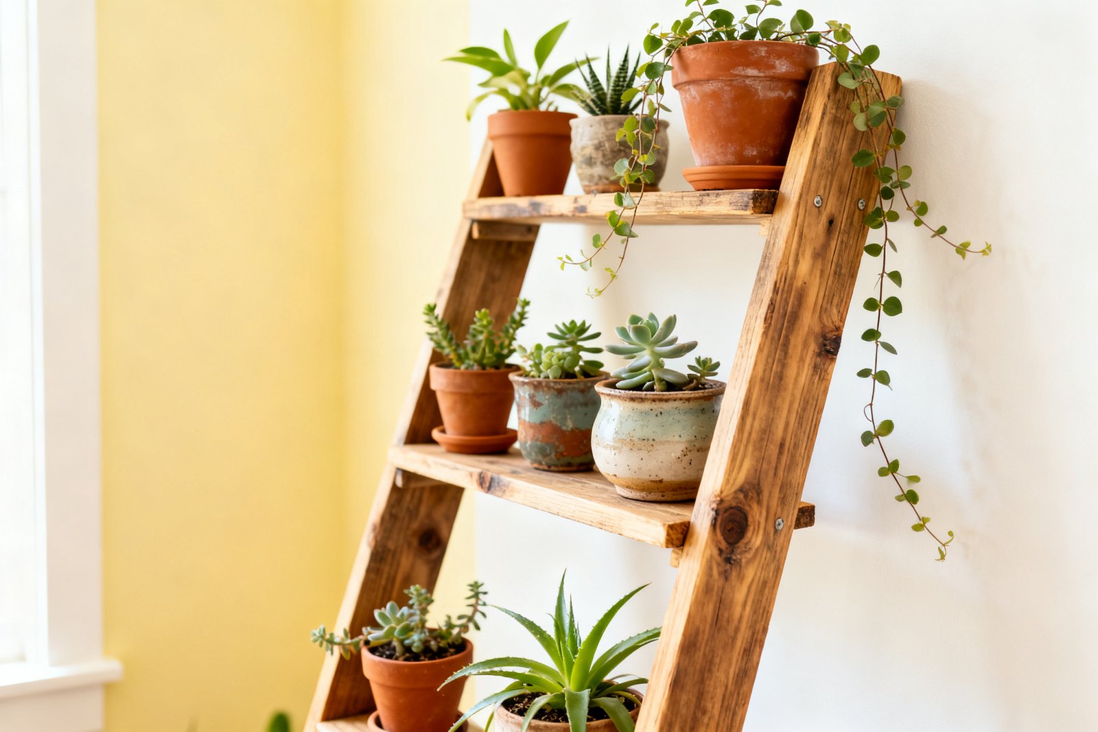 A DIY wooden plant stand holding potted plants in a bright corner, warm budget boho styling