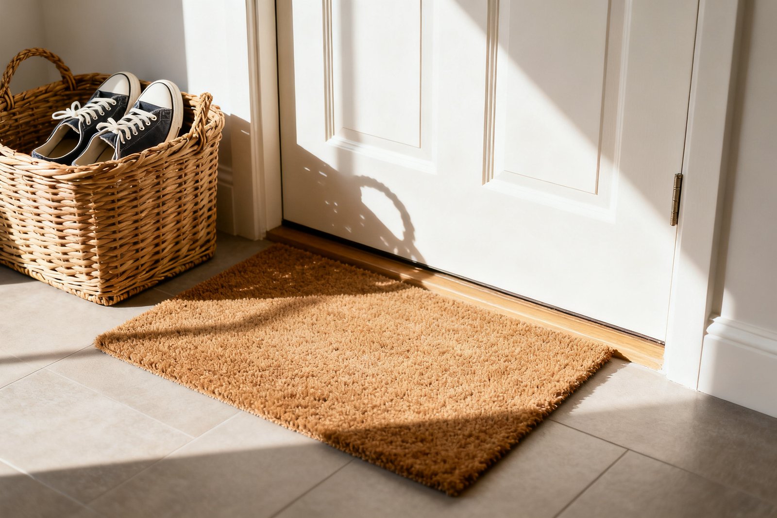 A doormat and a shoe basket by the door keeping floors clean
