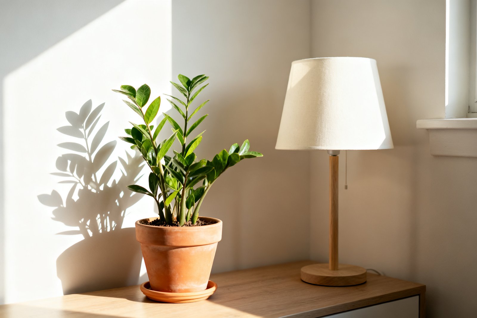 A calm neutral corner with one plant and a simple lamp
