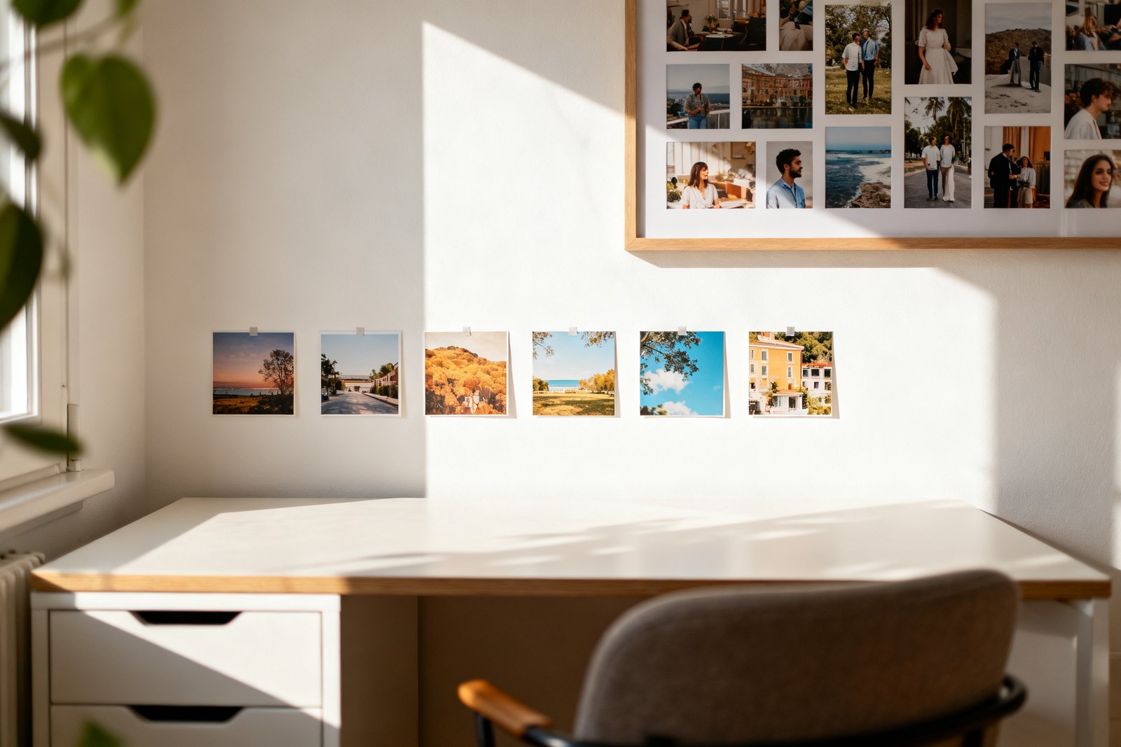 A gallery of photos mixed with small prints above a desk
