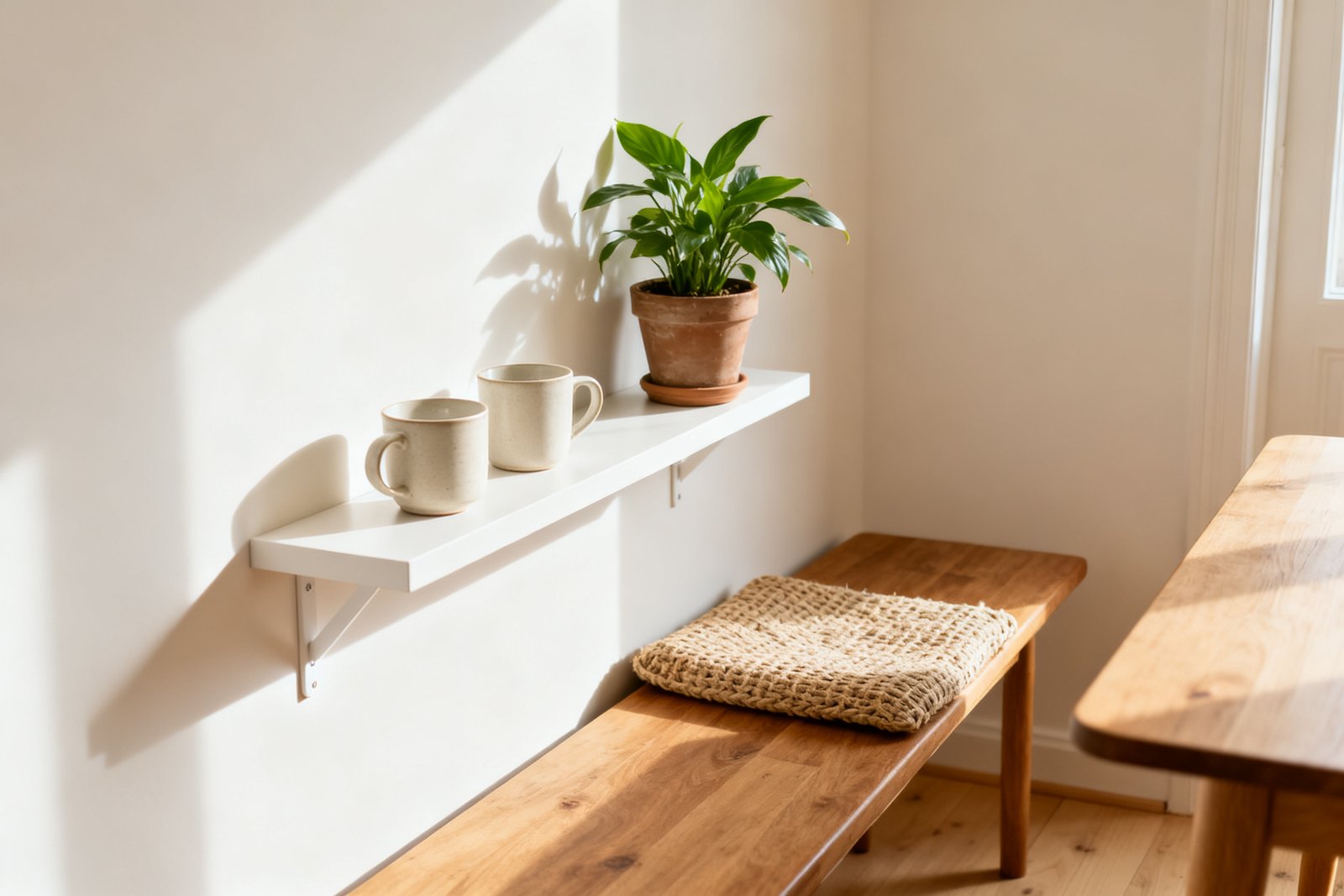 A small dining corner using a bench and wall-mounted shelf