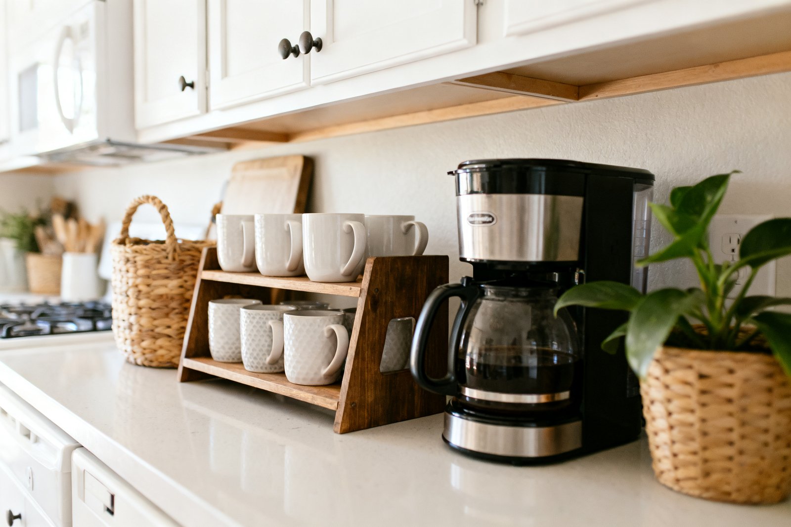 A stylish budget coffee bar station on a kitchen counter with a coffee maker, mugs on a small wood shelf, a ba