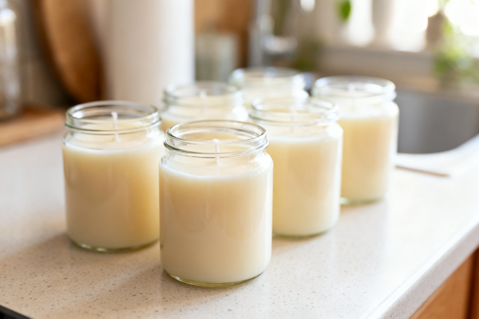 Poured soy candles cooling in glass jars on a counter