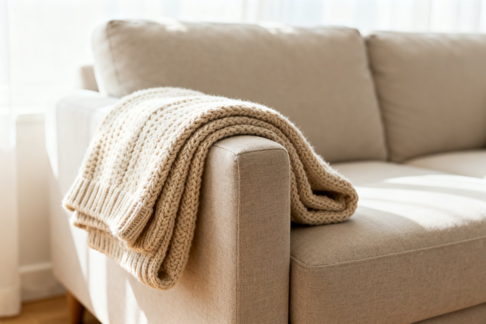 A folded knit throw draped over a styled sofa arm