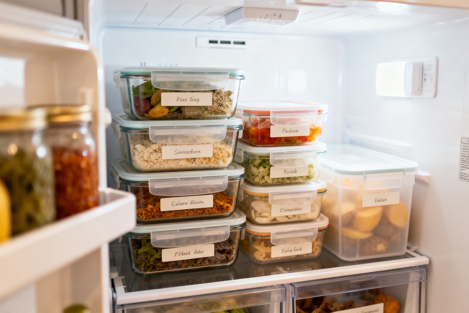 A neatly organized freezer with labeled bins and stacked containers, bright and clean