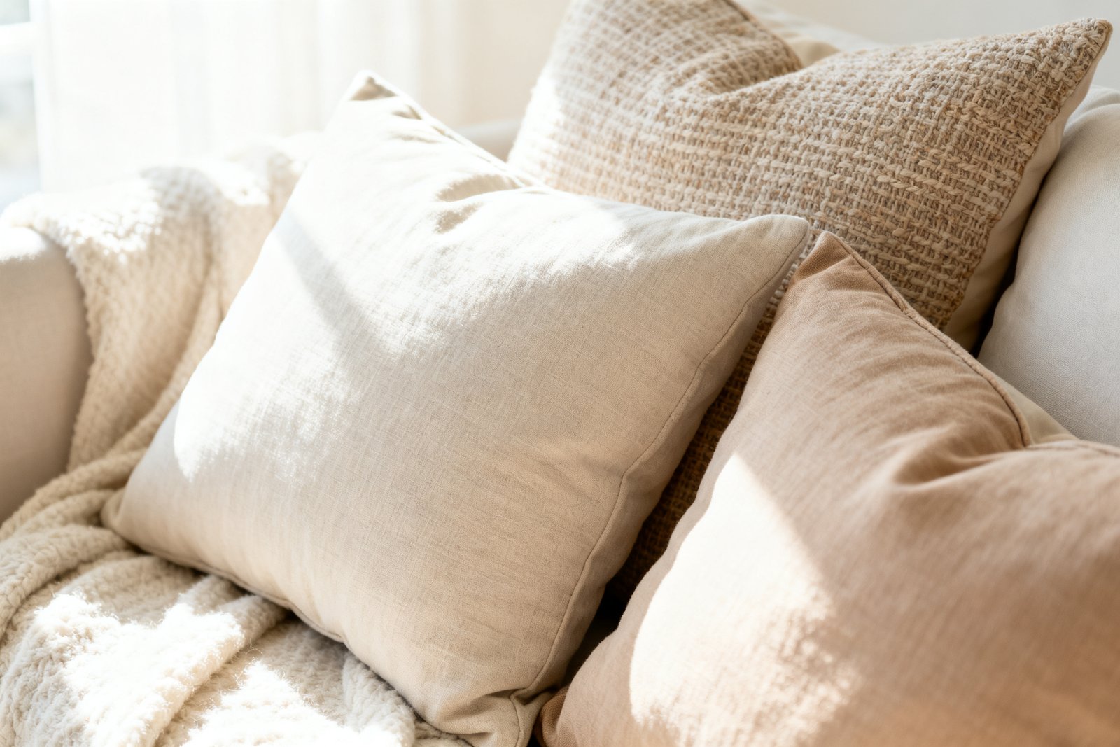 A close-up of layered throw pillows in coordinating tones