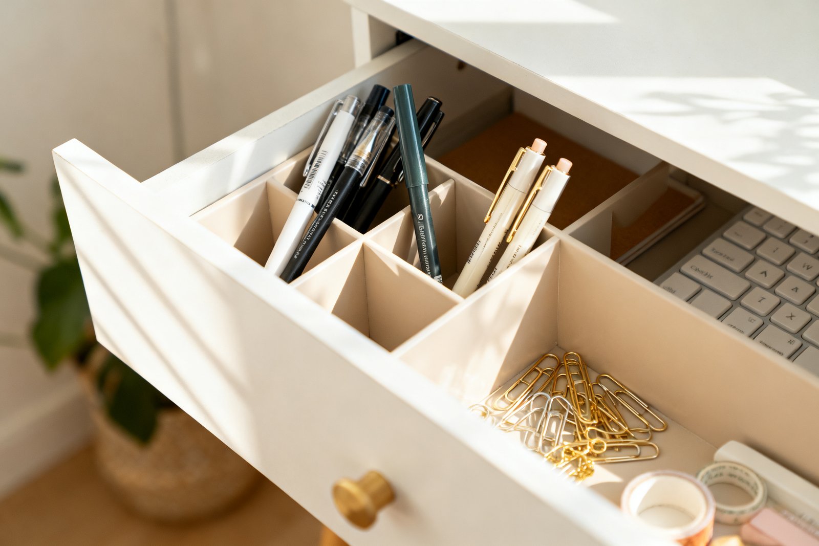 A desk drawer organizer holding pens and supplies neatly