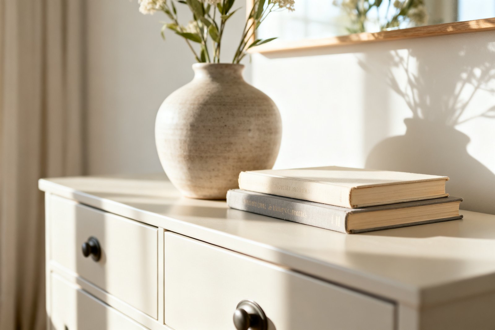A close-up of a styled dresser vignette with a vase and books